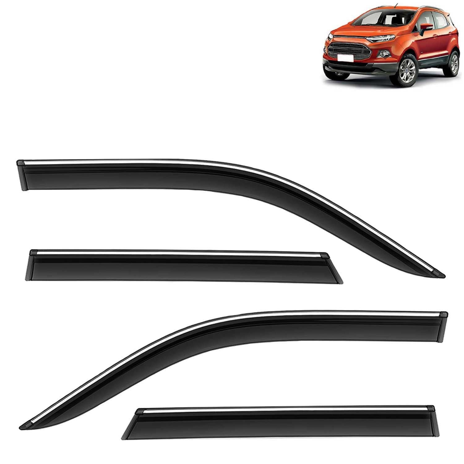 Accessories Chrome Lining Door Visor Only Compatible with Ford Ecosport (Year 2012 to 2016) All Model, Premium Chromeline Unbreakable Car Rain Guard Side Rear Wind Deflectors, Set of 4 Pcs