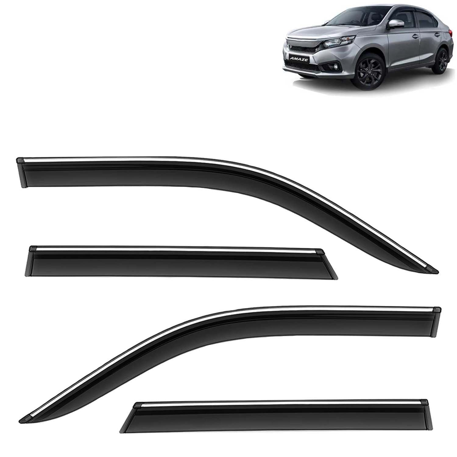 Accessories Chrome Lining Door Visor Only Compatible with Honda Amaze (Year 2021 to 2022) All Model, Premium Chromeline Unbreakable Car Rain Guard Side Rear Wind Deflectors, Set of 4 Pcs