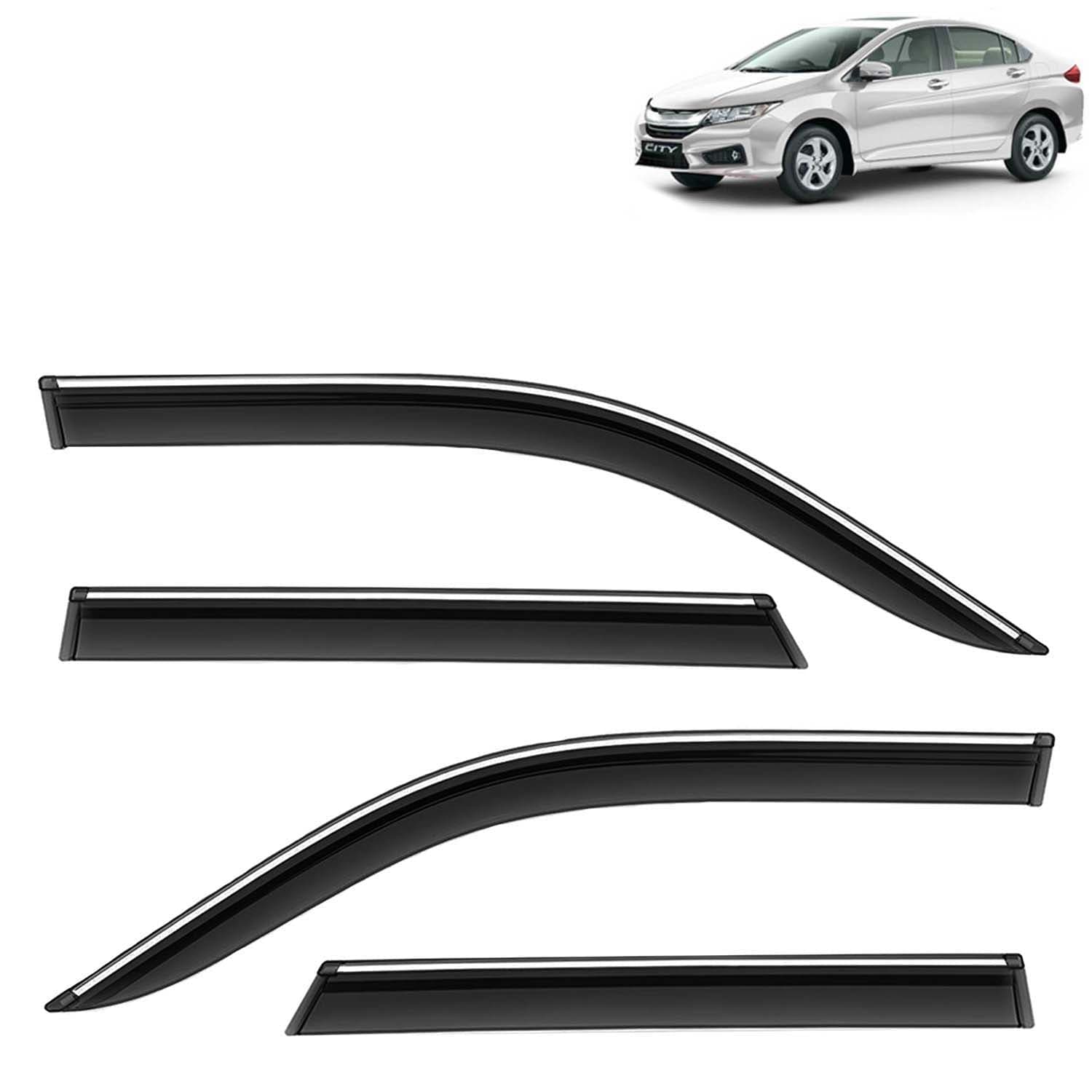 Accessories Chrome Lining Door Visor Only Compatible with Honda City (Year 2014 to 2016) All Model, Premium Chromeline Unbreakable Car Rain Guard Side Rear Wind Deflectors, Set of 4 Pcs