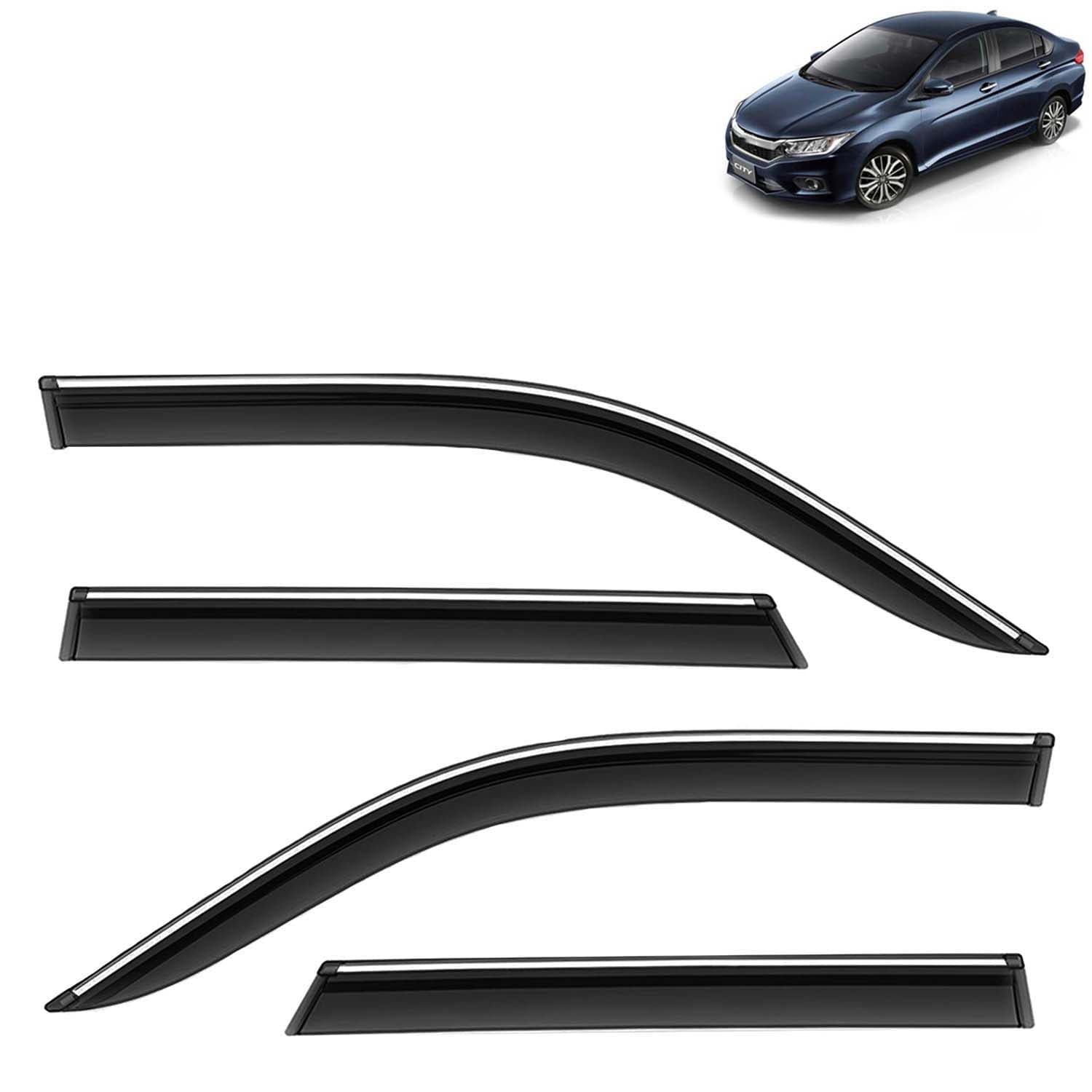 Accessories Chrome Lining Door Visor Only Compatible with Honda City (Year 2017 to 2019) All Model, Premium Chromeline Unbreakable Car Rain Guard Side Rear Wind Deflectors, Set of 4 Pcs