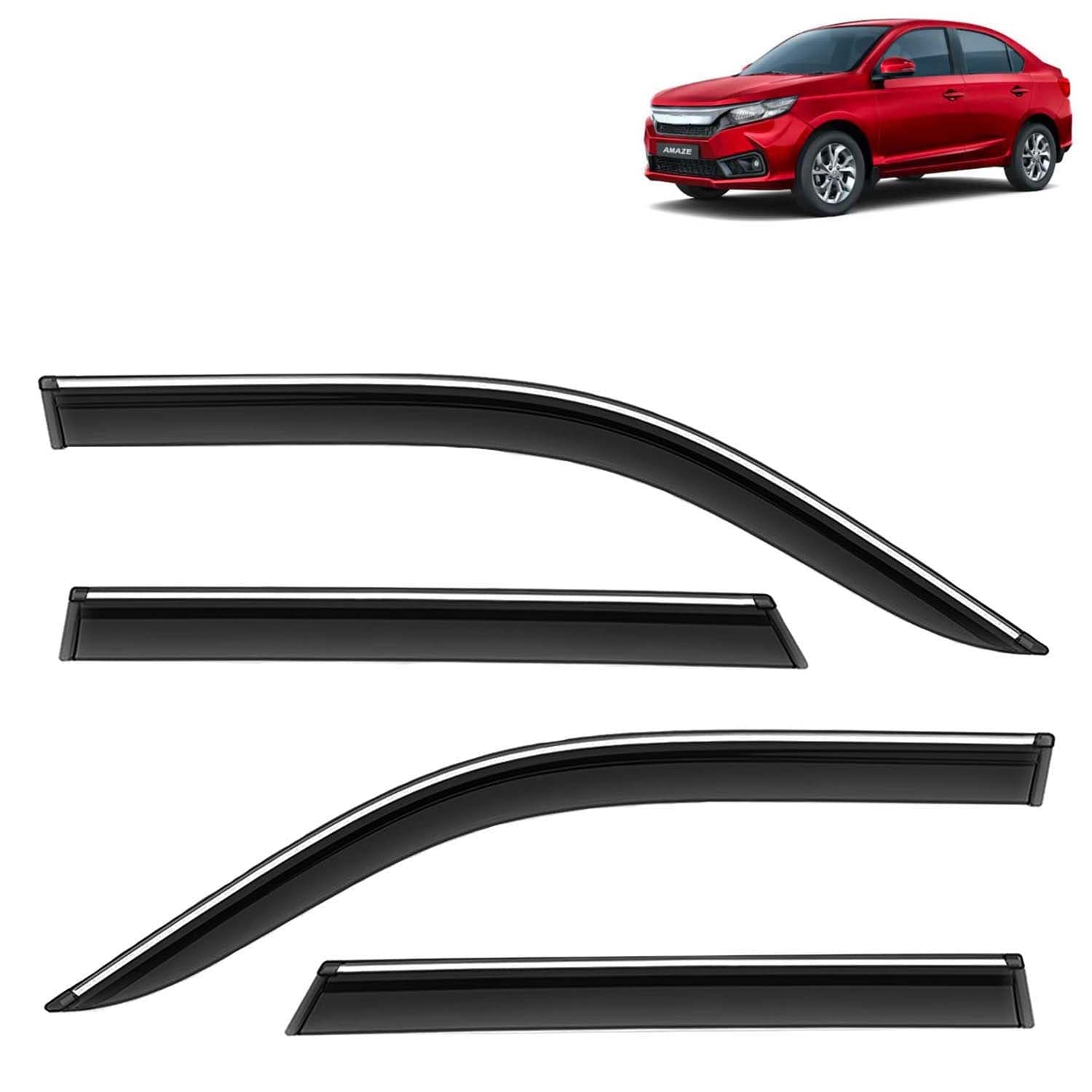 Accessories Chrome Lining Door Visor Only Compatible with Honda Amaze (Year 2023 to 2024) All Model, Premium Chromeline Unbreakable Car Rain Guard Side Rear Wind Deflectors, Set of 4 Pcs