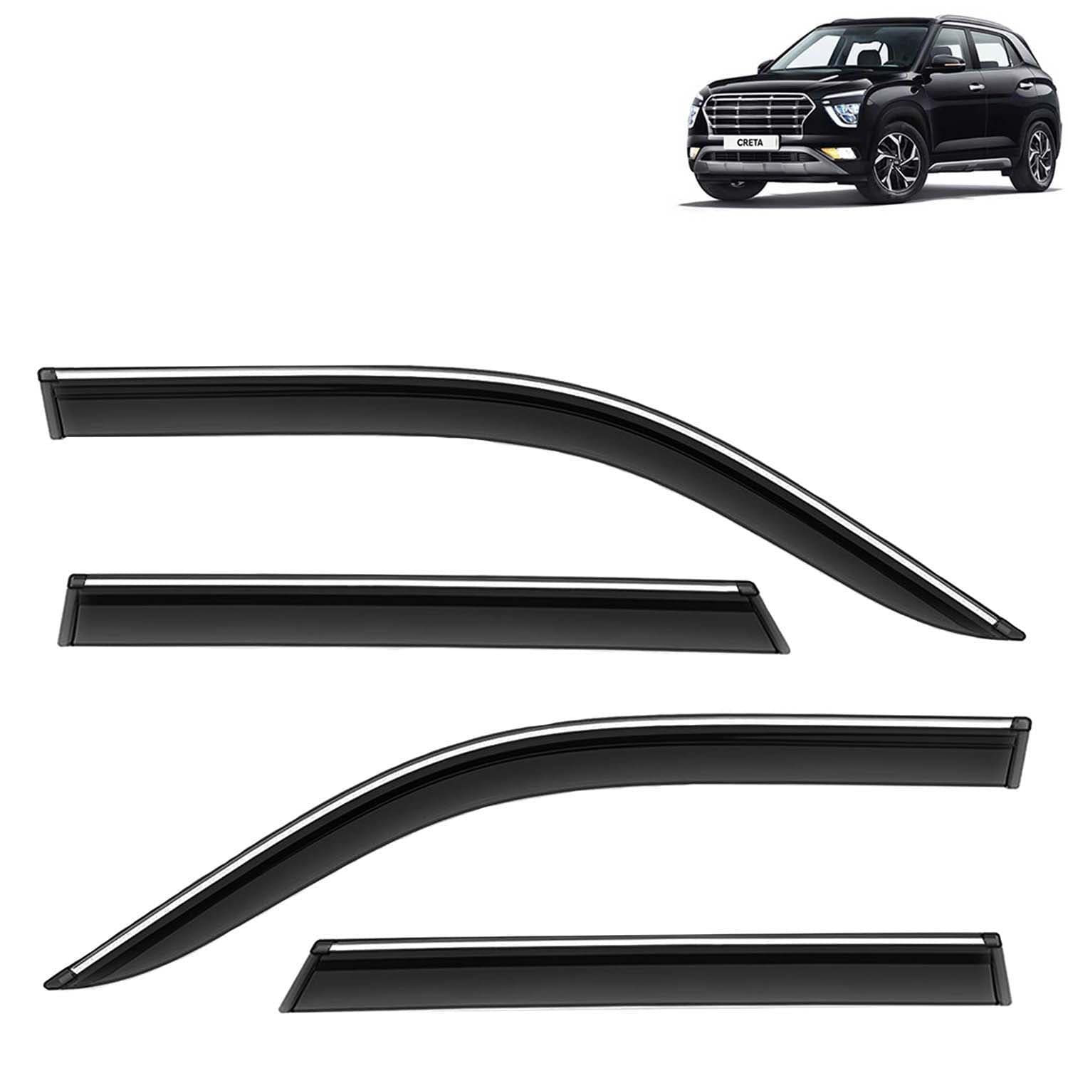 Accessories Chrome Lining Door Visor Only Compatible with Hyundai Creta (Year 2020 to 2023) All Model, Premium Chromeline Unbreakable Car Rain Guard Side Rear Wind Deflectors, Set of 4 Pcs