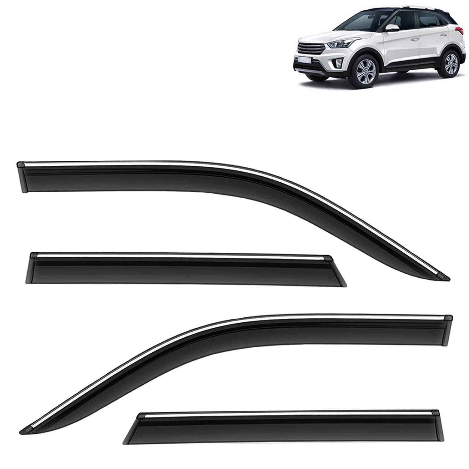 Accessories Chrome Lining Door Visor Only Compatible with Hyundai Creta (Year 2015 to 2017) All Model, Premium Chromeline Unbreakable Car Rain Guard Side Rear Wind Deflectors, Set of 4 Pcs