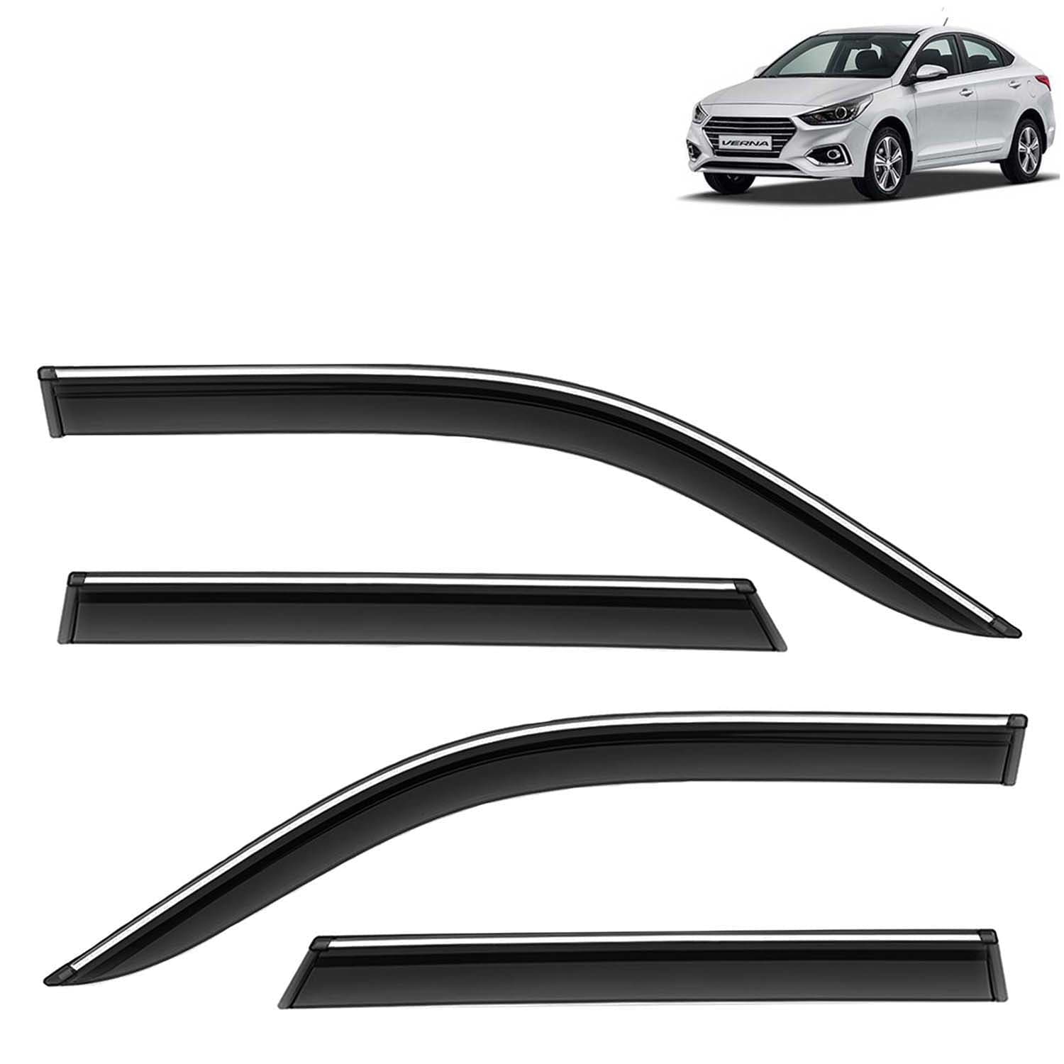 Accessories Chrome Lining Door Visor Only Compatible with Hyundai Verna (Year 2017 to 2019) All Model, Premium Chromeline Unbreakable Car Rain Guard Side Rear Wind Deflectors, Set of 4 Pcs