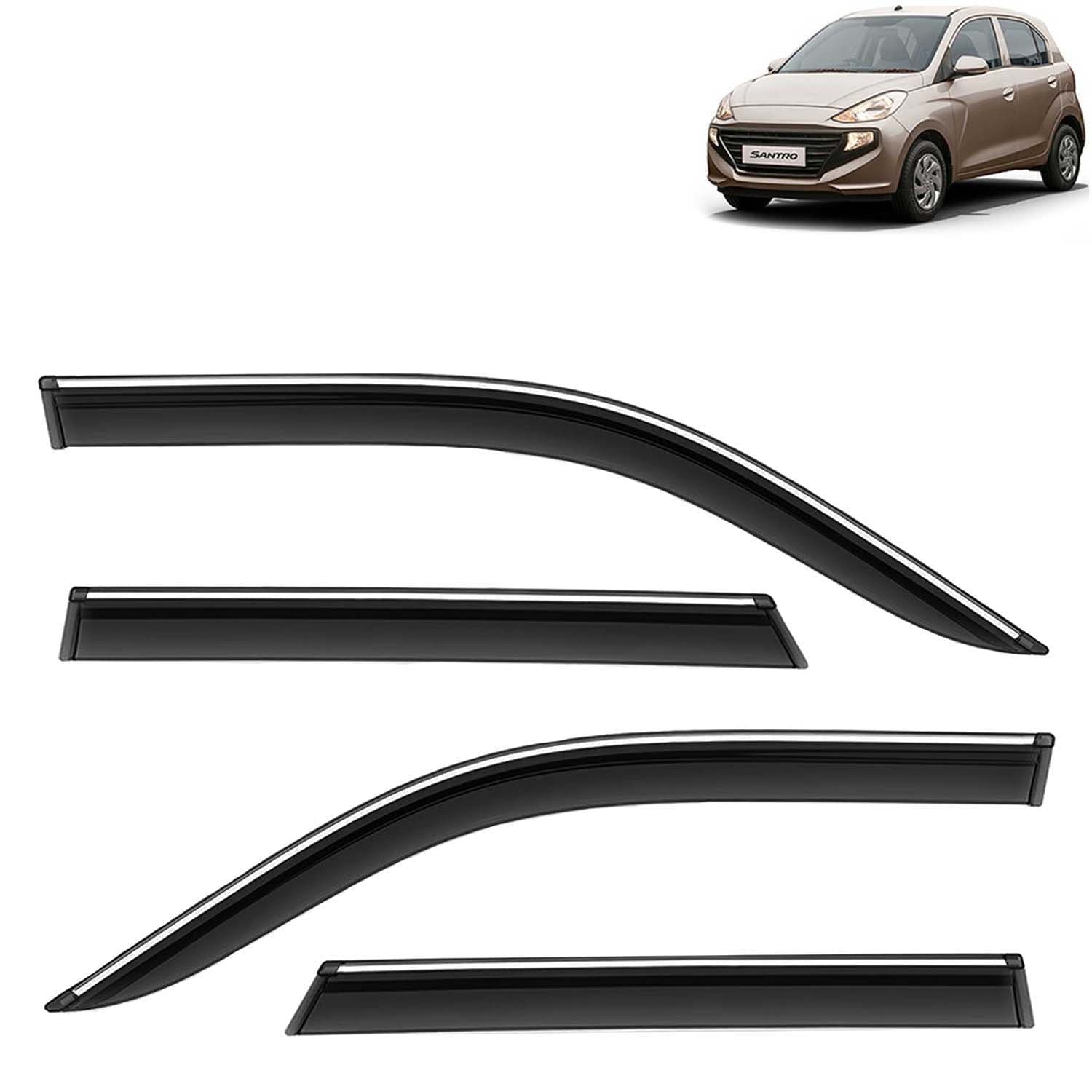 Accessories Chrome Lining Door Visor Only Compatible with Hyundai Santro (Year 2018 to 2022) All Model, Premium Chromeline Unbreakable Car Rain Guard Side Rear Wind Deflectors, Set of 4 Pcs