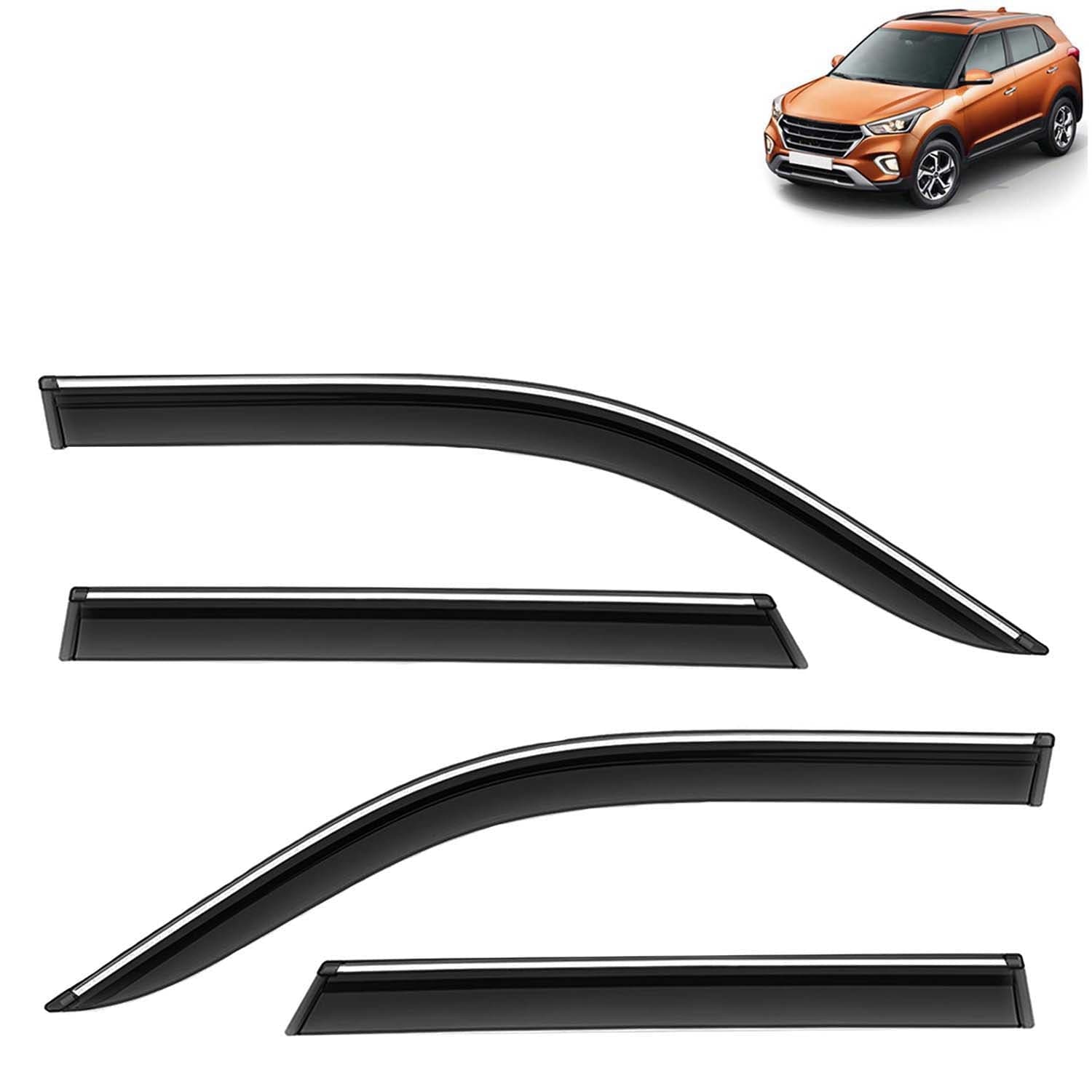 Accessories Chrome Lining Door Visor Only Compatible with Hyundai Creta (Year 2018 to 2019) All Model, Premium Chromeline Unbreakable Car Rain Guard Side Rear Wind Deflectors, Set of 4 Pcs