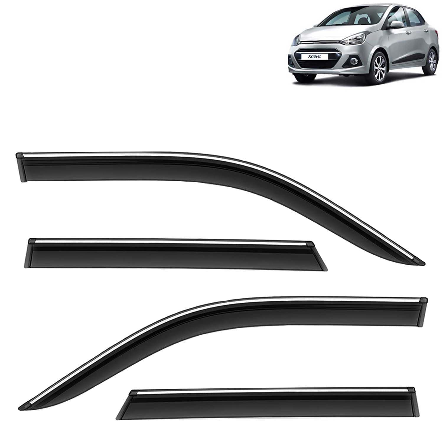 Accessories Chrome Lining Door Visor Only Compatible with Hyundai Xcent (Year 2013 to 2017) All Model, Premium Chromeline Unbreakable Car Rain Guard Side Rear Wind Deflectors, Set of 4 Pcs