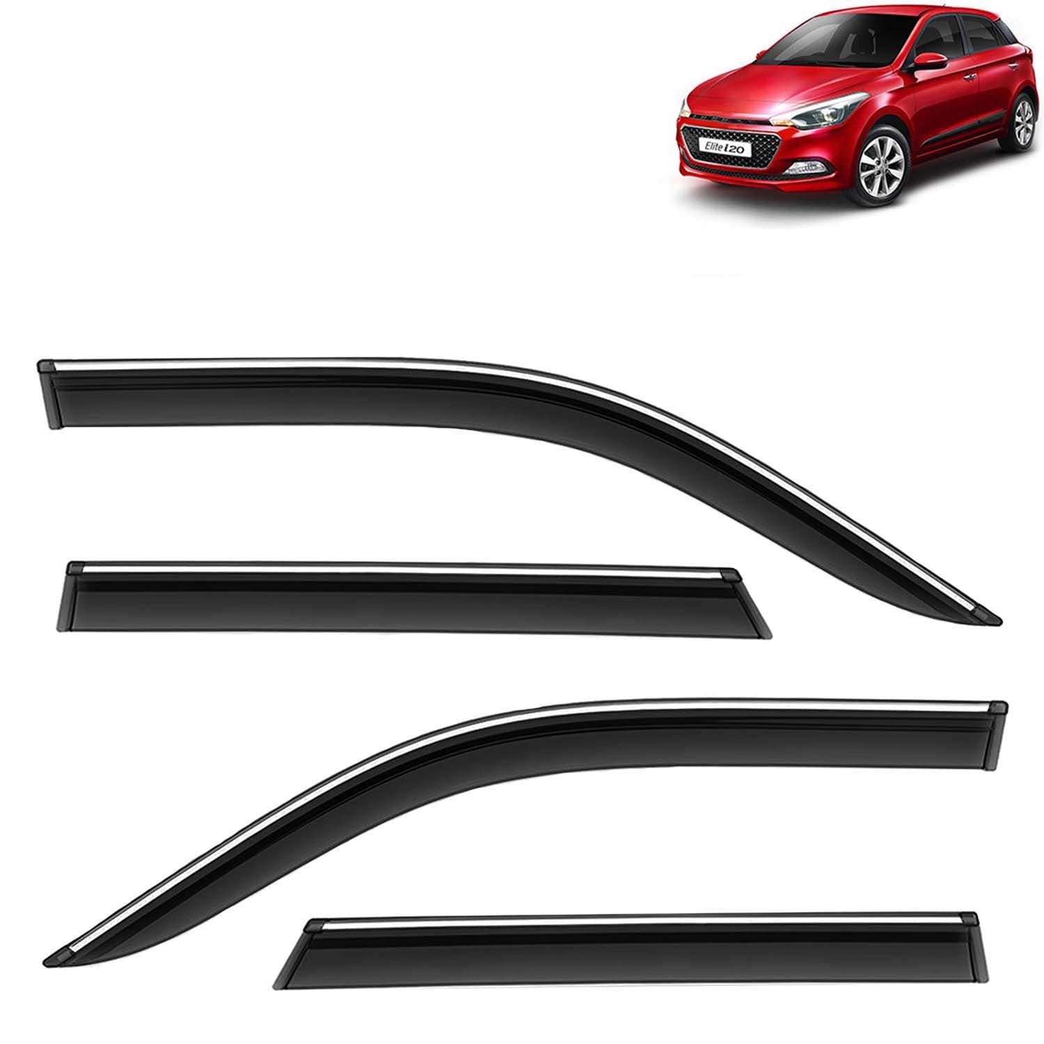 Accessories Chrome Lining Door Visor Only Compatible with Hyundai Elite I20 (Year 2014 to 2017) All Model, Premium Chromeline Unbreakable Car Rain Guard Side Rear Wind Deflectors, Pack of 4