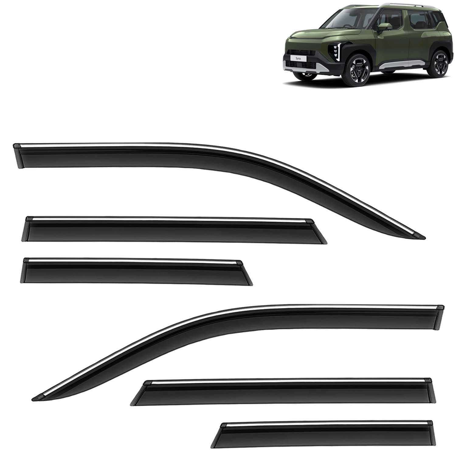Accessories Chrome Lining Door Visor Only Compatible with Kia Syros (Year 2025 Onwards) All Model, Premium Chromeline Unbreakable Car Rain Guard Side Rear Wind Deflectors, Set of 6 Pcs