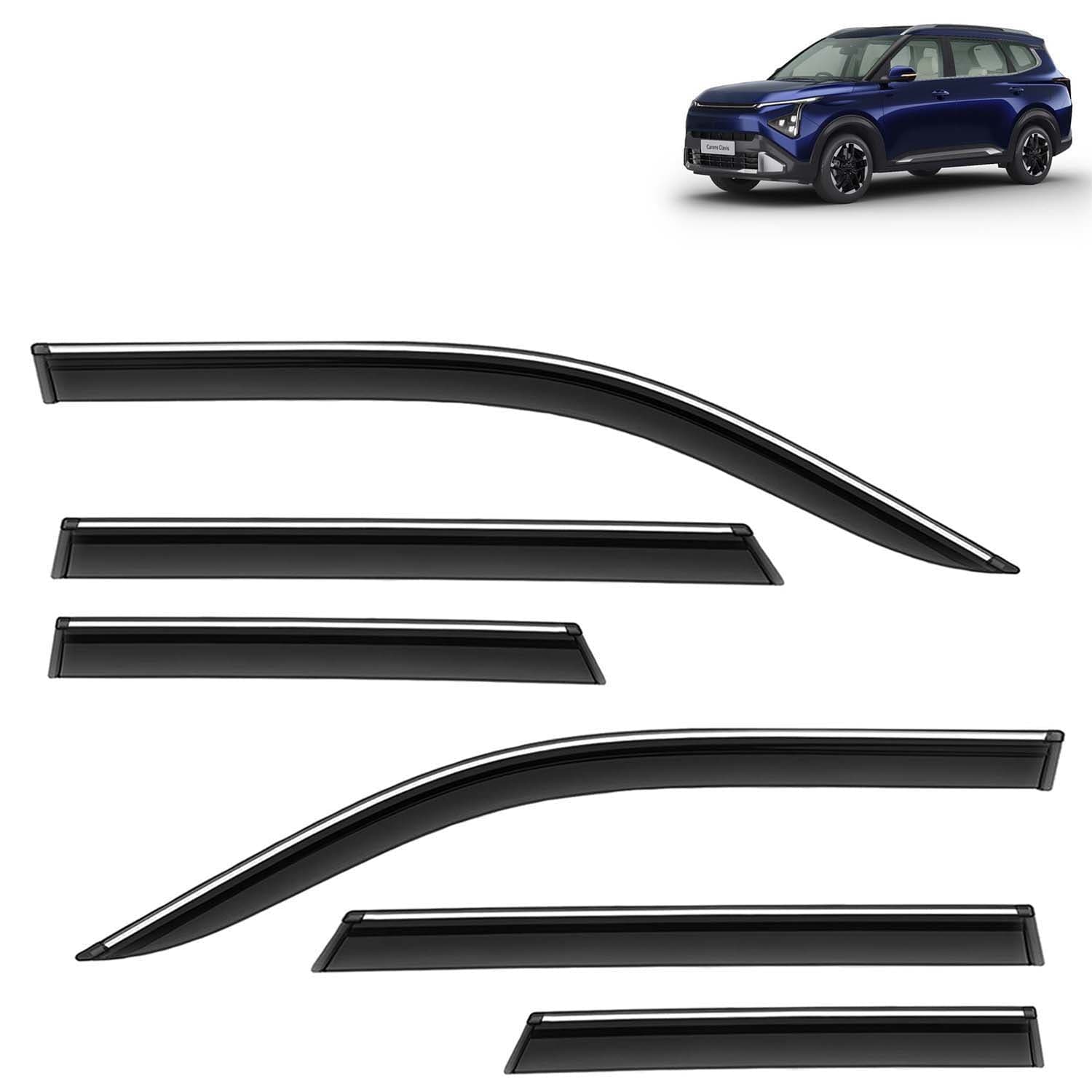 Accessories Chrome Lining Door Visor Only Compatible with Kia Carens Clavis (Year 2025 Onwards) All Model, Premium Chromeline Unbreakable Car Rain Guard Side Rear Wind Deflectors, Pack of 6
