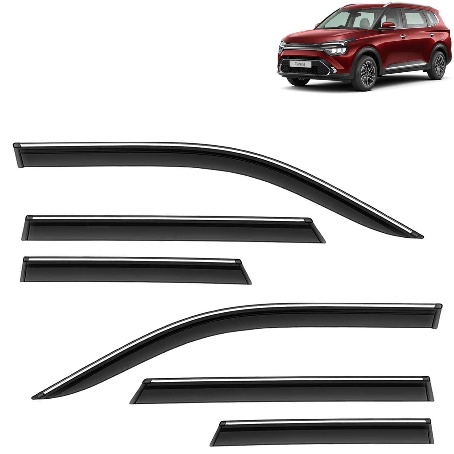 Accessories Chrome Lining Door Visor Only Compatible with Kia Carens (Year 2022 to 2025) All Model, Premium Chromeline Unbreakable Car Rain Guard Side Rear Wind Deflectors, Set of 6 Pcs