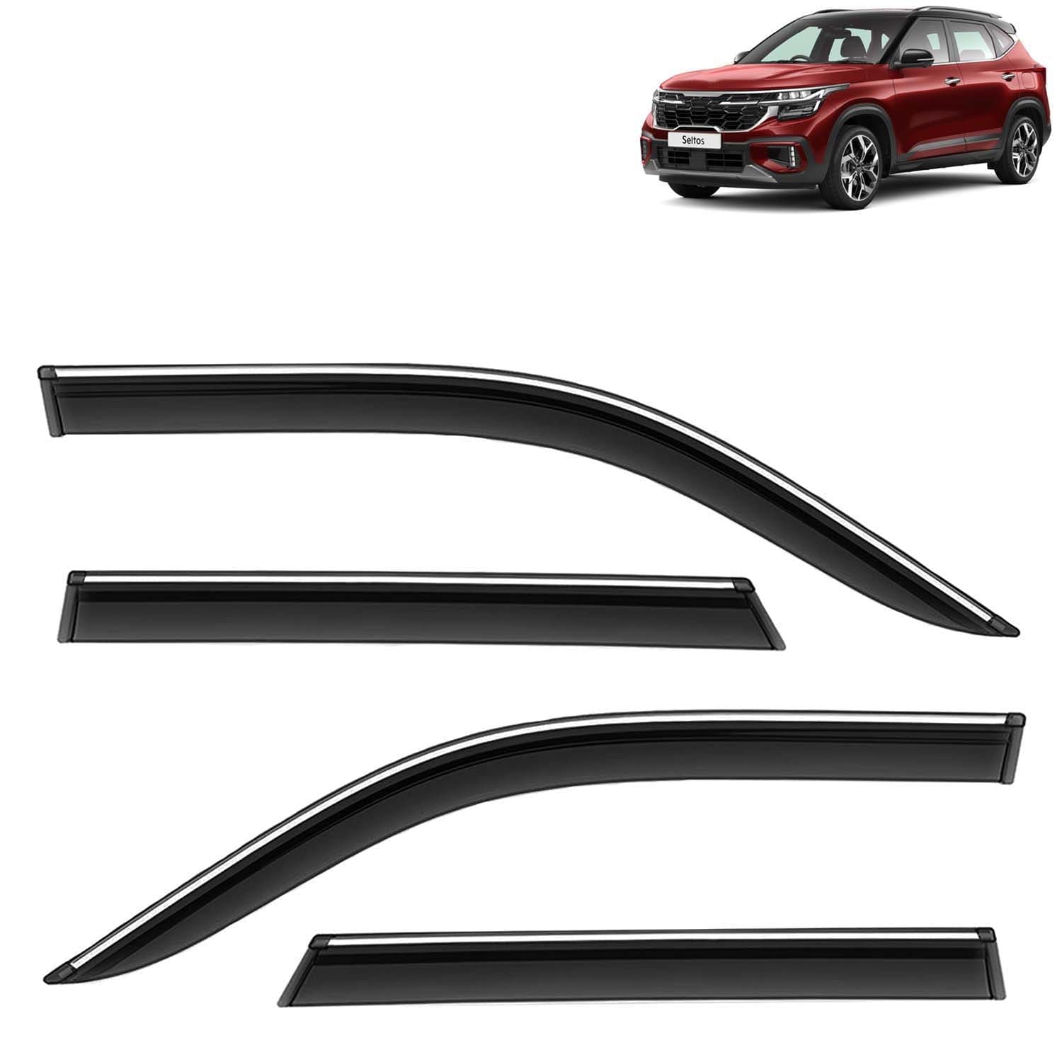 Accessories Chrome Lining Door Visor Only Compatible with Kia Seltos (Year 2023 to 2025) All Model, Premium Chromeline Unbreakable Car Rain Guard Side Rear Wind Deflectors, Set of 4 Pcs
