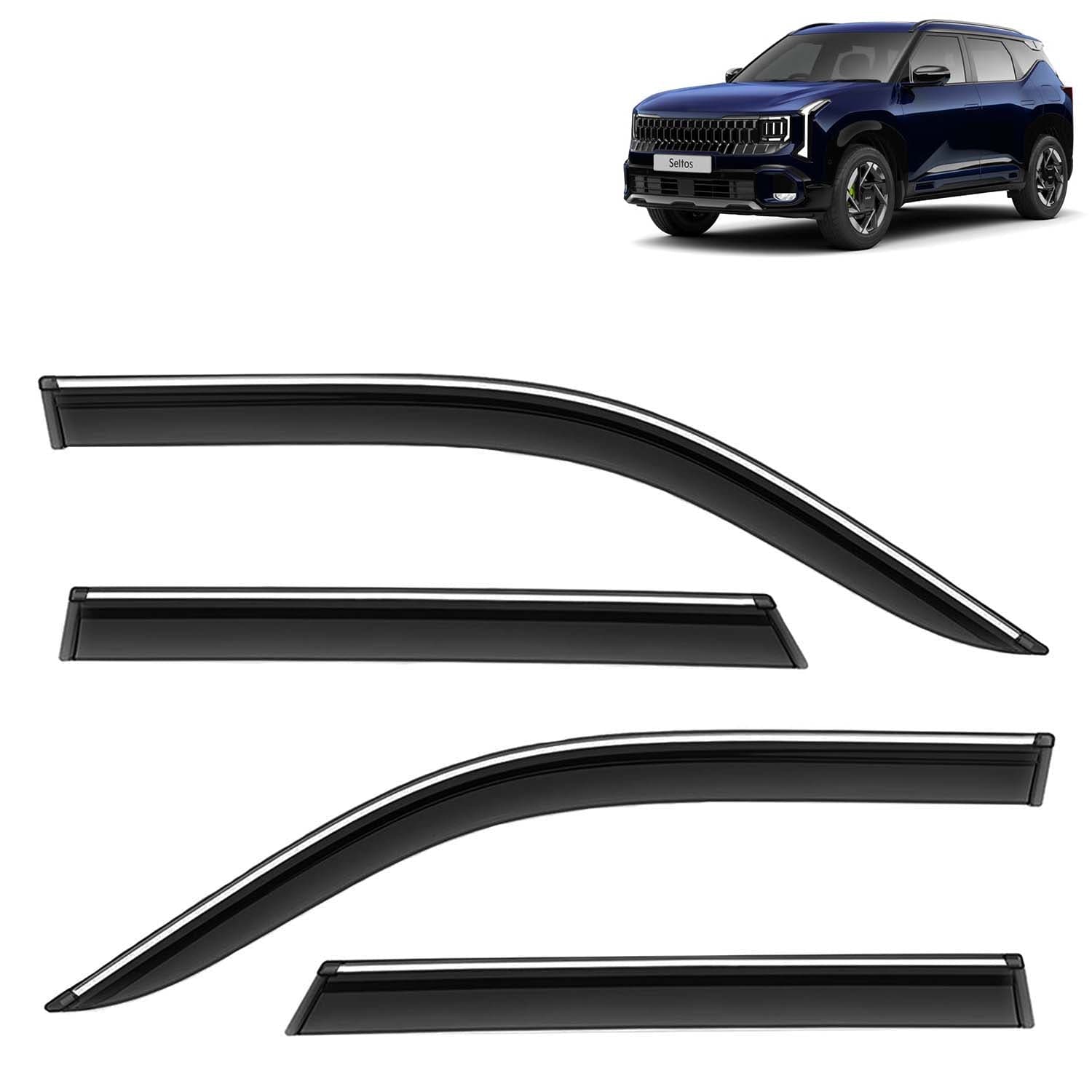 Accessories Chrome Lining Door Visor Only Compatible with Kia Seltos (Year 2026 Onwards) All Model, Premium Chromeline Unbreakable Car Rain Guard Side Rear Wind Deflectors, Set of 4 Pcs