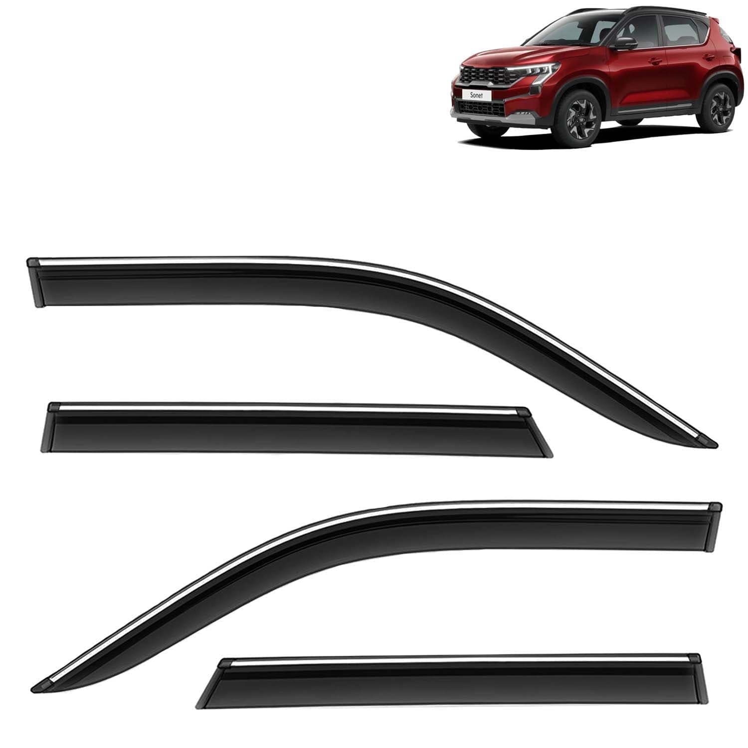 Accessories Chrome Lining Door Visor Only Compatible with Kia Sonet (Year 2024 Onwards) All Model, Premium Chromeline Unbreakable Car Rain Guard Side Rear Wind Deflectors, Set of 4 Pcs