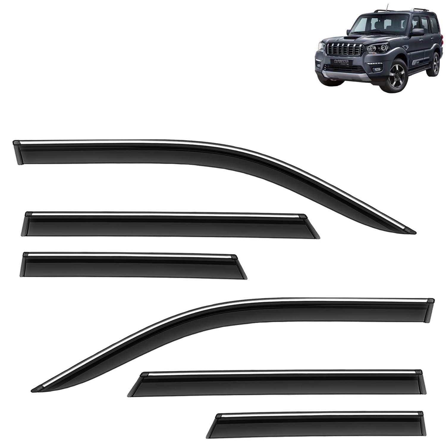 Accessories Chrome Lining Door Visor Only Compatible with Mahindra Scorpio Classic (Year 2022 Onwards), Premium Chromeline Unbreakable Car Rain Guard Side Rear Wind Deflectors, Pack of 6
