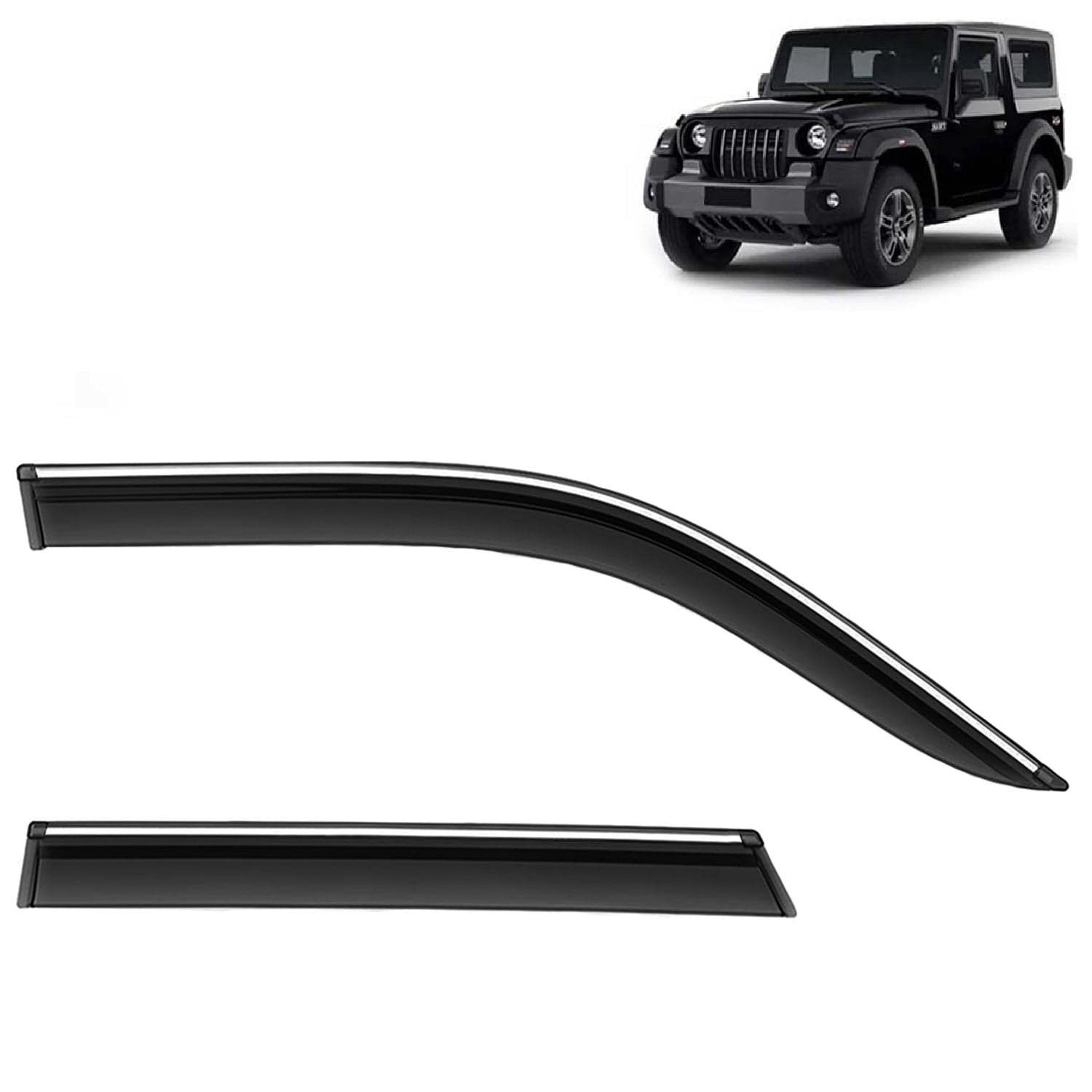 Accessories Chrome Lining Door Visor Only Compatible with Mahindra Thar (Year 2020 to 2025) All Model, Premium Chromeline Unbreakable Car Rain Guard Side Rear Wind Deflectors, Set of 2 Pcs