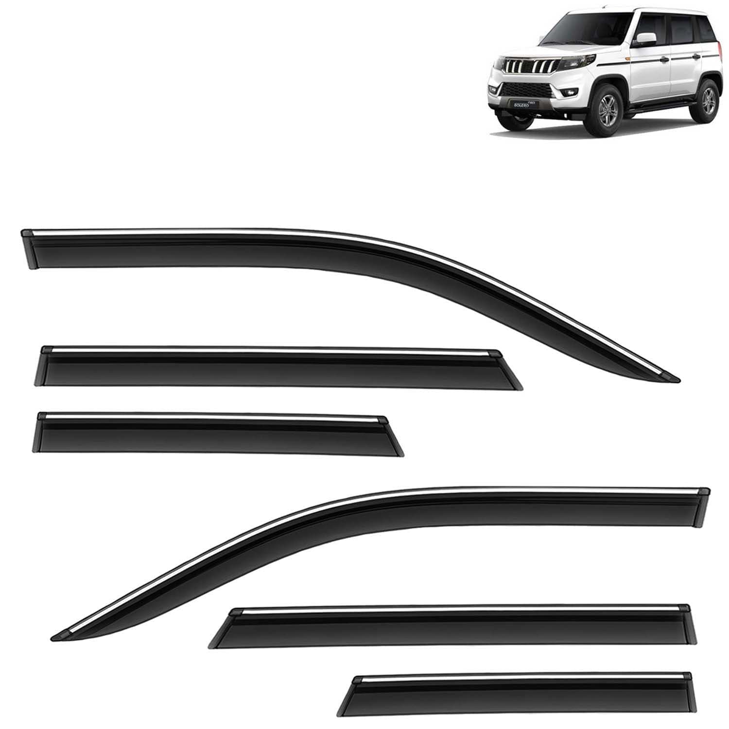 Accessories Chrome Lining Door Visor Only Compatible with Mahindra Bolero Neo (Year 2021 Onwards) All Model, Premium Chromeline Unbreakable Car Rain Guard Side Rear Wind Deflectors, Pack of 6