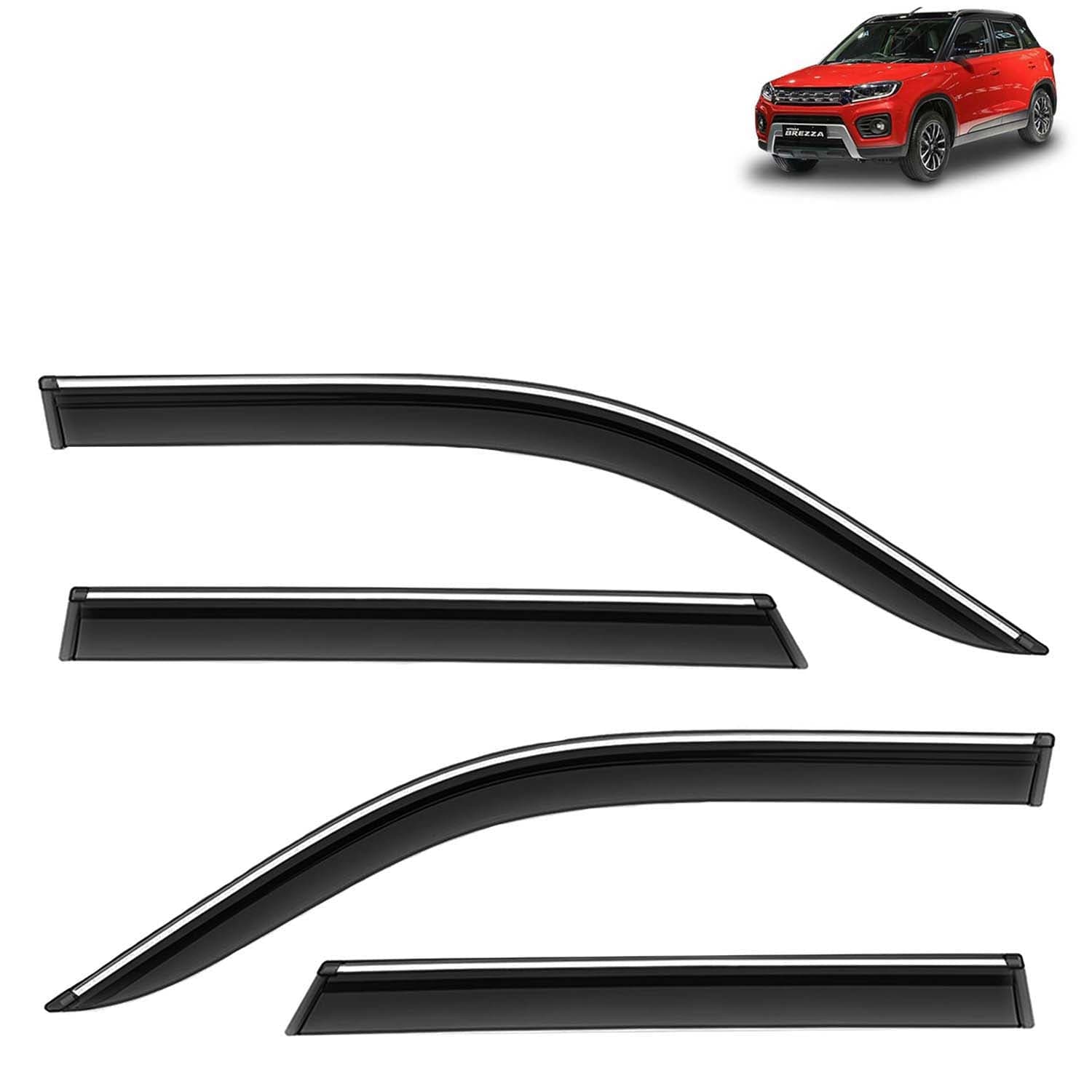 Accessories Chrome Lining Door Visor Only Compatible with Maruti Suzuki Vitara Brezza (Year 2020 to 2022), Premium Chromeline Unbreakable Car Rain Guard Side Rear Wind Deflectors, Pack of 4