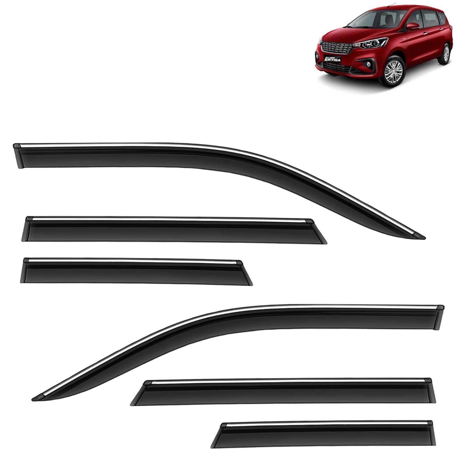 Accessories Chrome Lining Door Visor Only Compatible with Maruti Suzuki Ertiga (Year 2022 to 2025), Premium Chromeline Unbreakable Car Rain Guard Side Rear Wind Deflectors, Pack of 6