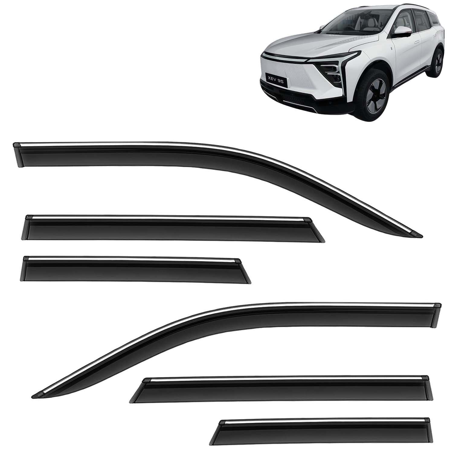 Accessories Chrome Lining Door Visor Only Compatible with Mahindra XEV 9S (Year 2026 Onwards) All Model, Premium Chromeline Unbreakable Car Rain Guard Side Rear Wind Deflectors, Set of 6 Pcs