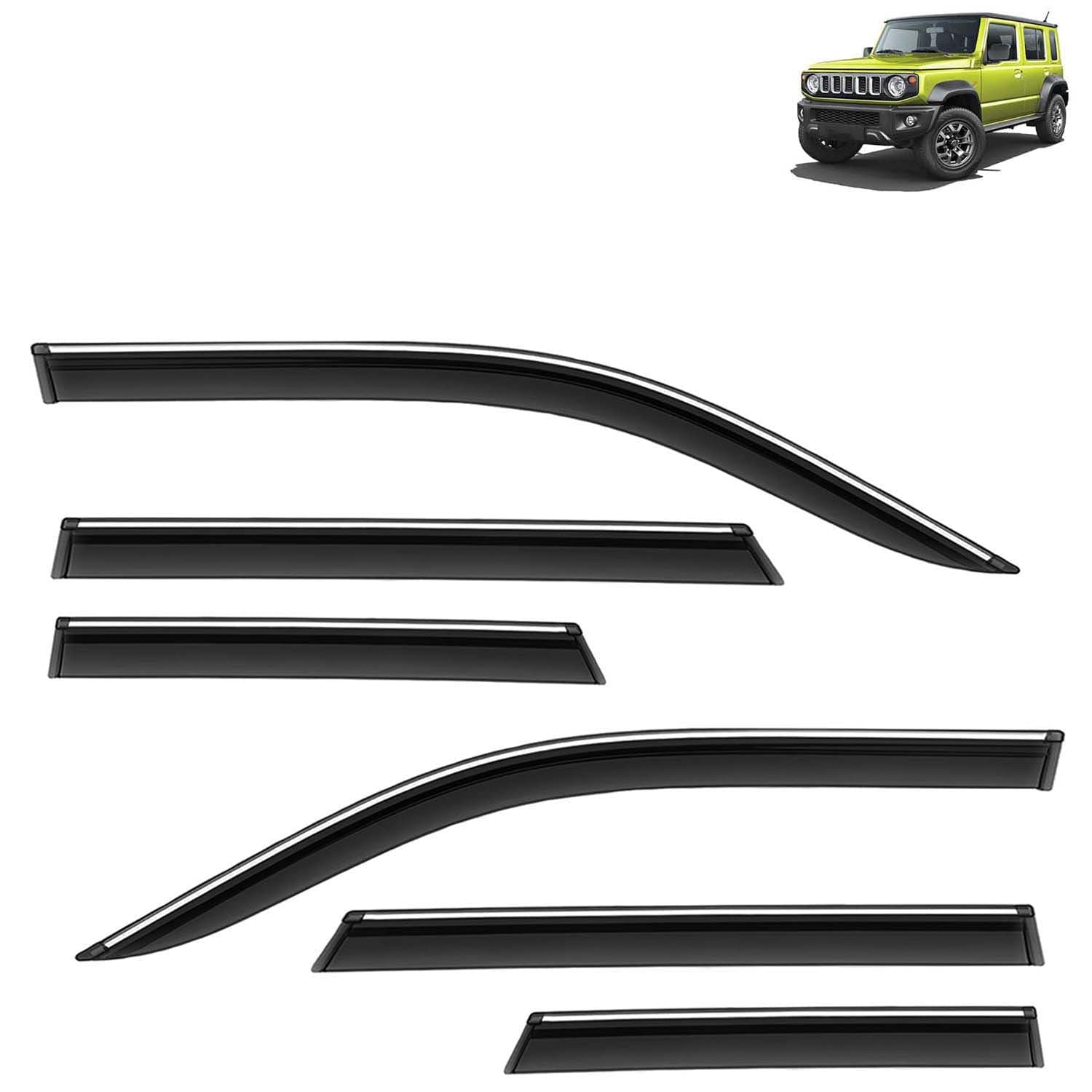 Accessories Chrome Lining Door Visor Only Compatible with Maruti Suzuki Jimny (Year 2023 Onwards) All Model, Premium Chromeline Unbreakable Car Rain Guard Side Rear Wind Deflectors, Pack of 6