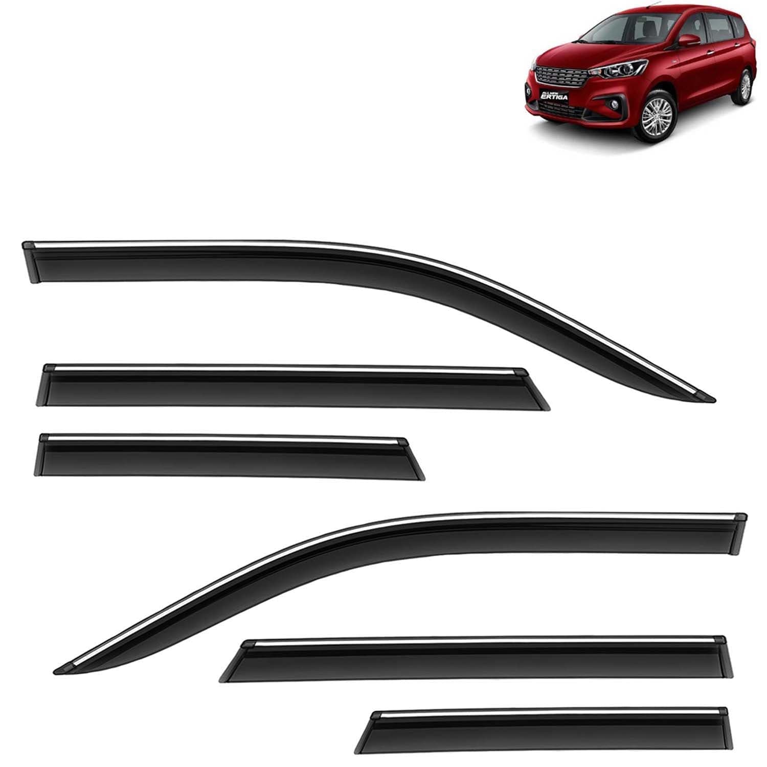 Accessories Chrome Lining Door Visor Only Compatible with Maruti Suzuki Ertiga (Year 2018 to 2022), Premium Chromeline Unbreakable Car Rain Guard Side Rear Wind Deflectors, Pack of 6
