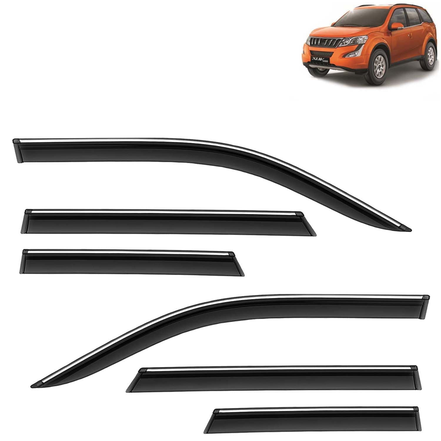 Accessories Chrome Lining Door Visor Only Compatible with Mahindra XUV 500 (Year 2015 to 2017) All Model, Premium Chromeline Unbreakable Car Rain Guard Side Rear Wind Deflectors, Set of 6 Pcs