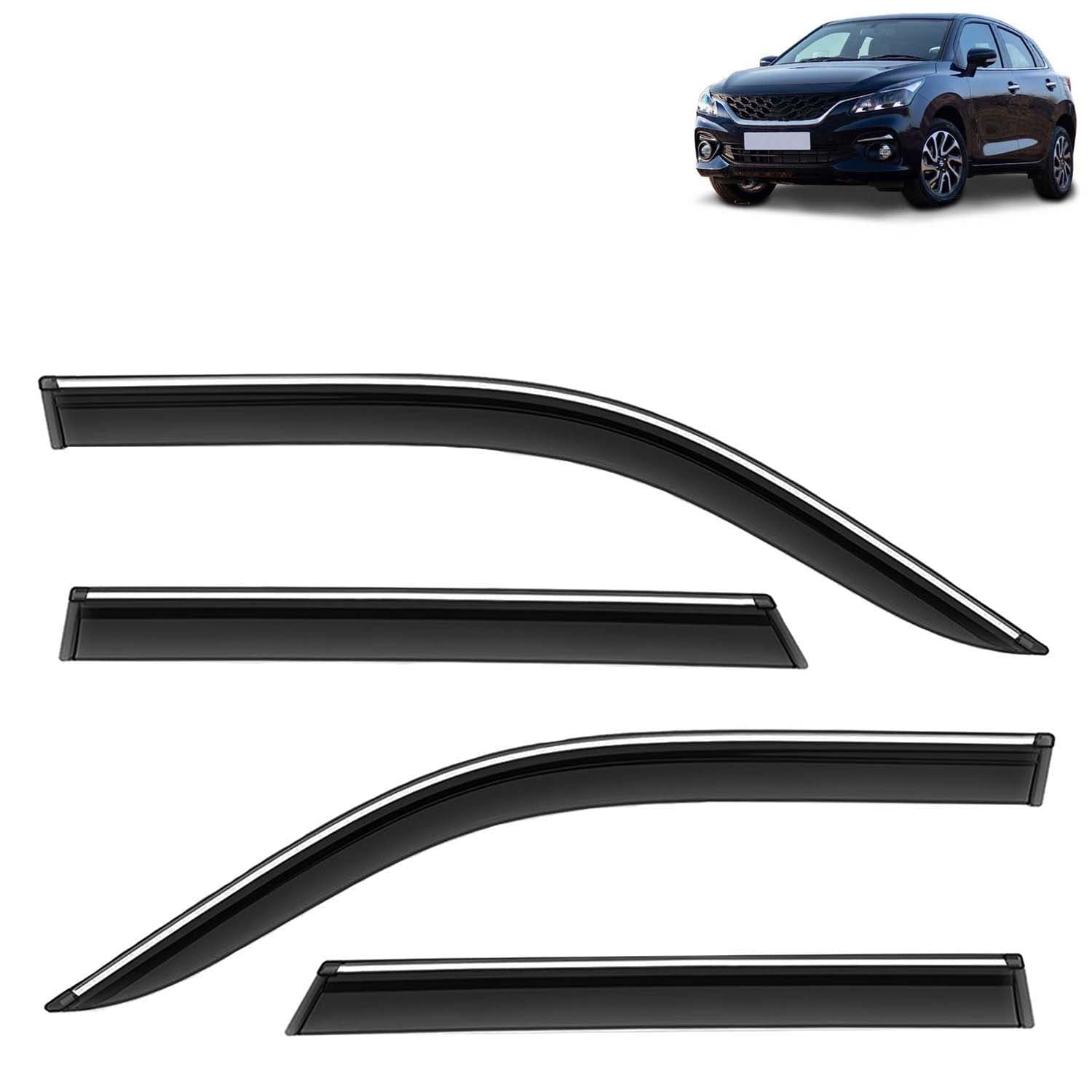 Accessories Chrome Lining Door Visor Only Compatible with Maruti Suzuki Baleno (Year 2022 Onwards), Premium Chromeline Unbreakable Car Rain Guard Side Rear Wind Deflectors, Pack of 4