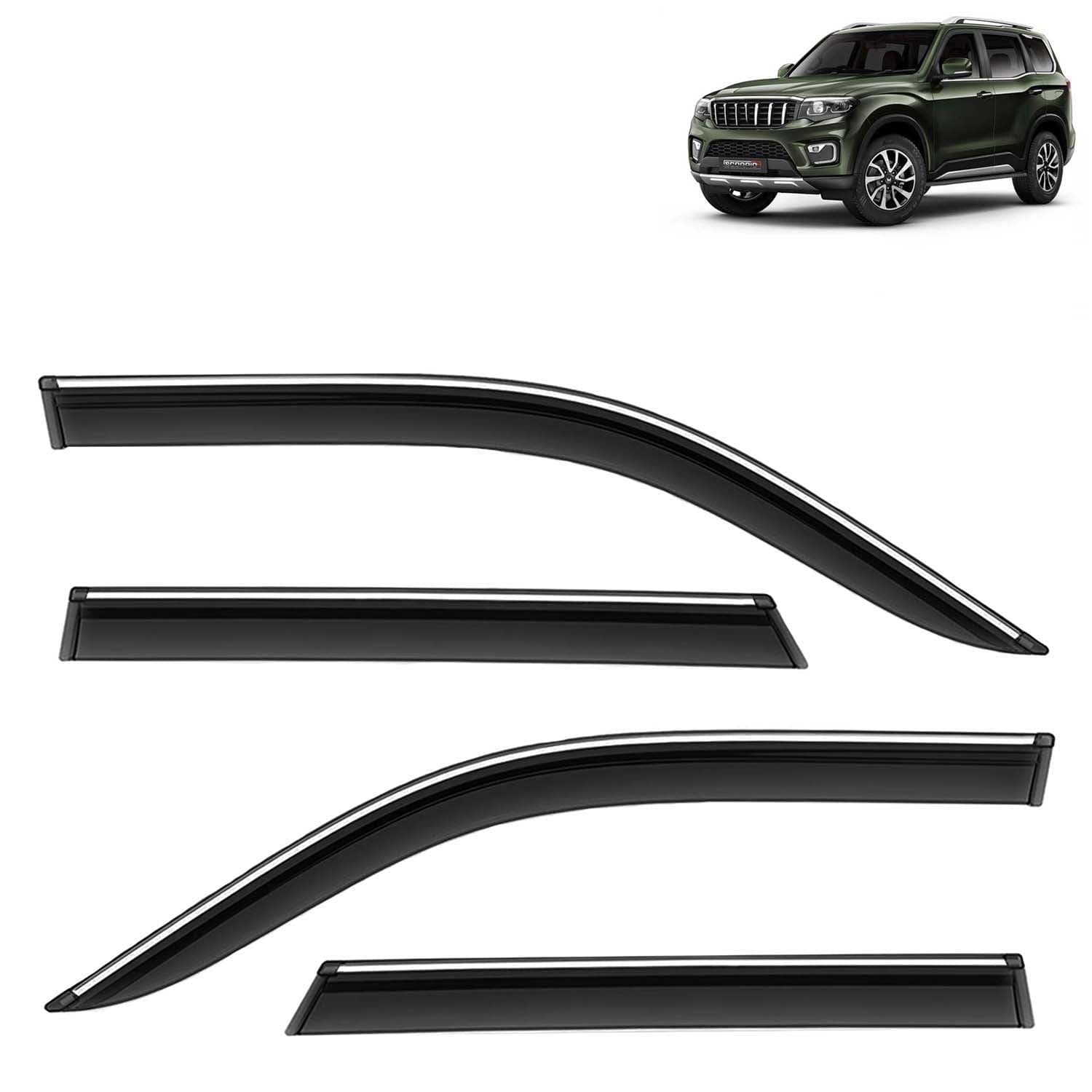 Accessories Chrome Lining Door Visor Only Compatible with Mahindra Scorpio N (Year 2022 Onwards) All Model, Premium Chromeline Unbreakable Car Rain Guard Side Rear Wind Deflectors, Pack of 4
