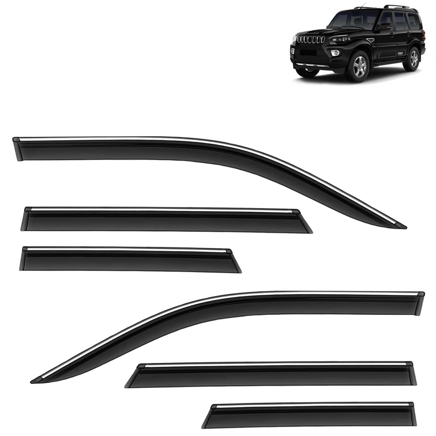 Accessories Chrome Lining Door Visor Only Compatible with Mahindra Scorpio (Year 2019 to 2022) All Model, Premium Chromeline Unbreakable Car Rain Guard Side Rear Wind Deflectors, Set of 6 Pcs