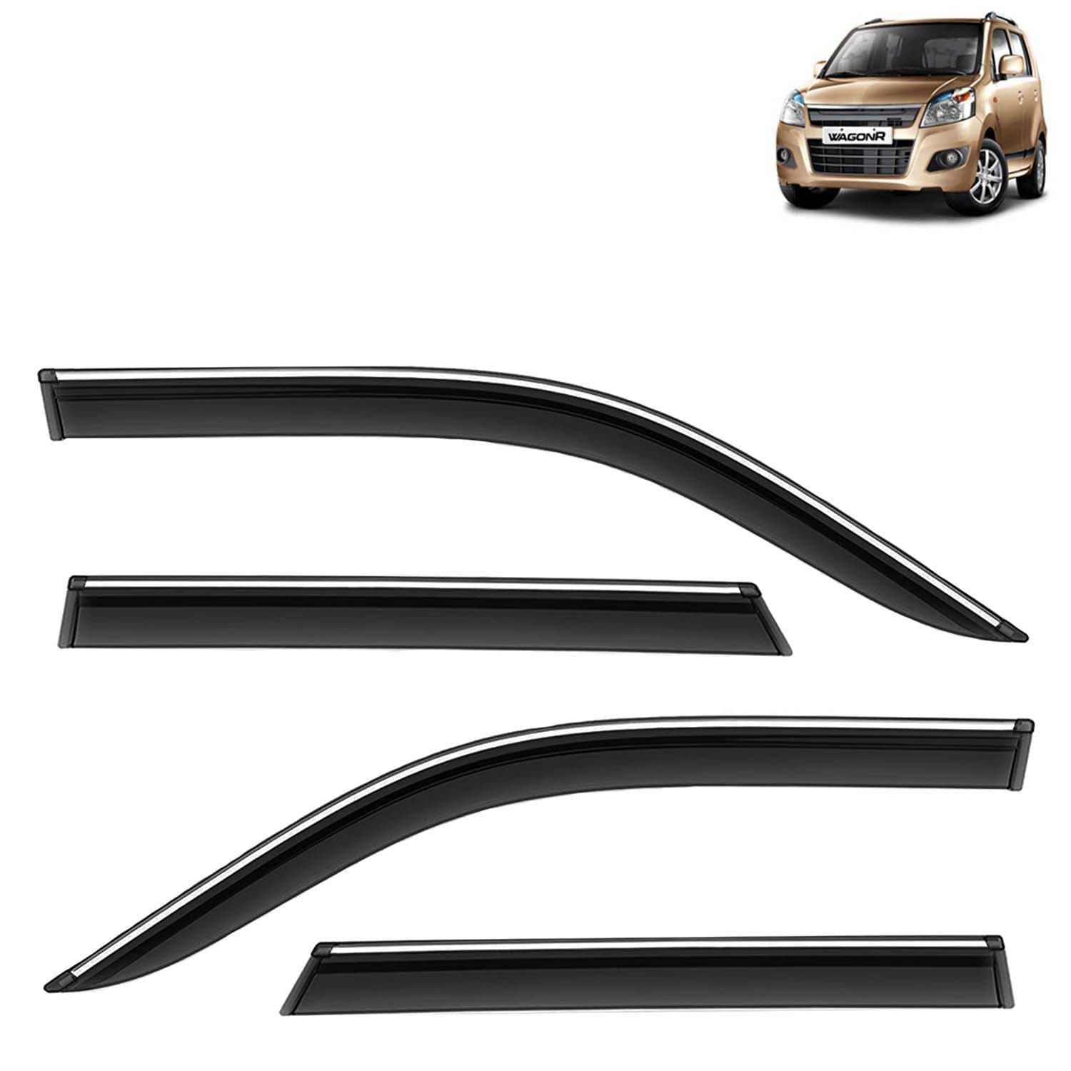 Accessories Chrome Lining Door Visor Only Compatible with Maruti Suzuki Wagon R (Year 2010 to 2018), Premium Chromeline Unbreakable Car Rain Guard Side Rear Wind Deflectors, Pack of 4