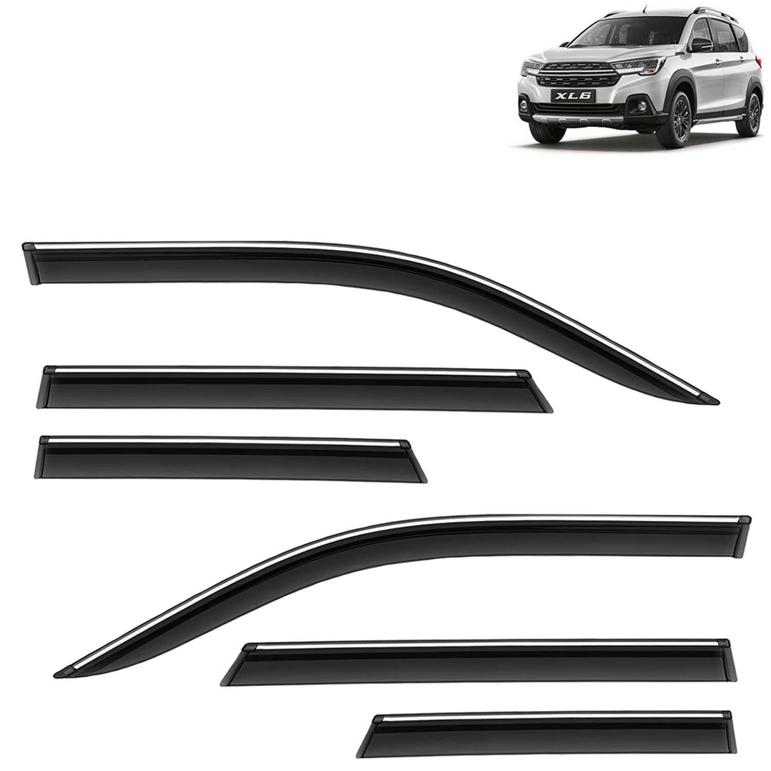 Accessories Chrome Lining Door Visor Only Compatible with Maruti Suzuki XL6 (Year 2019 to 2022) All Model, Premium Chromeline Unbreakable Car Rain Guard Side Rear Wind Deflectors, Pack of 6