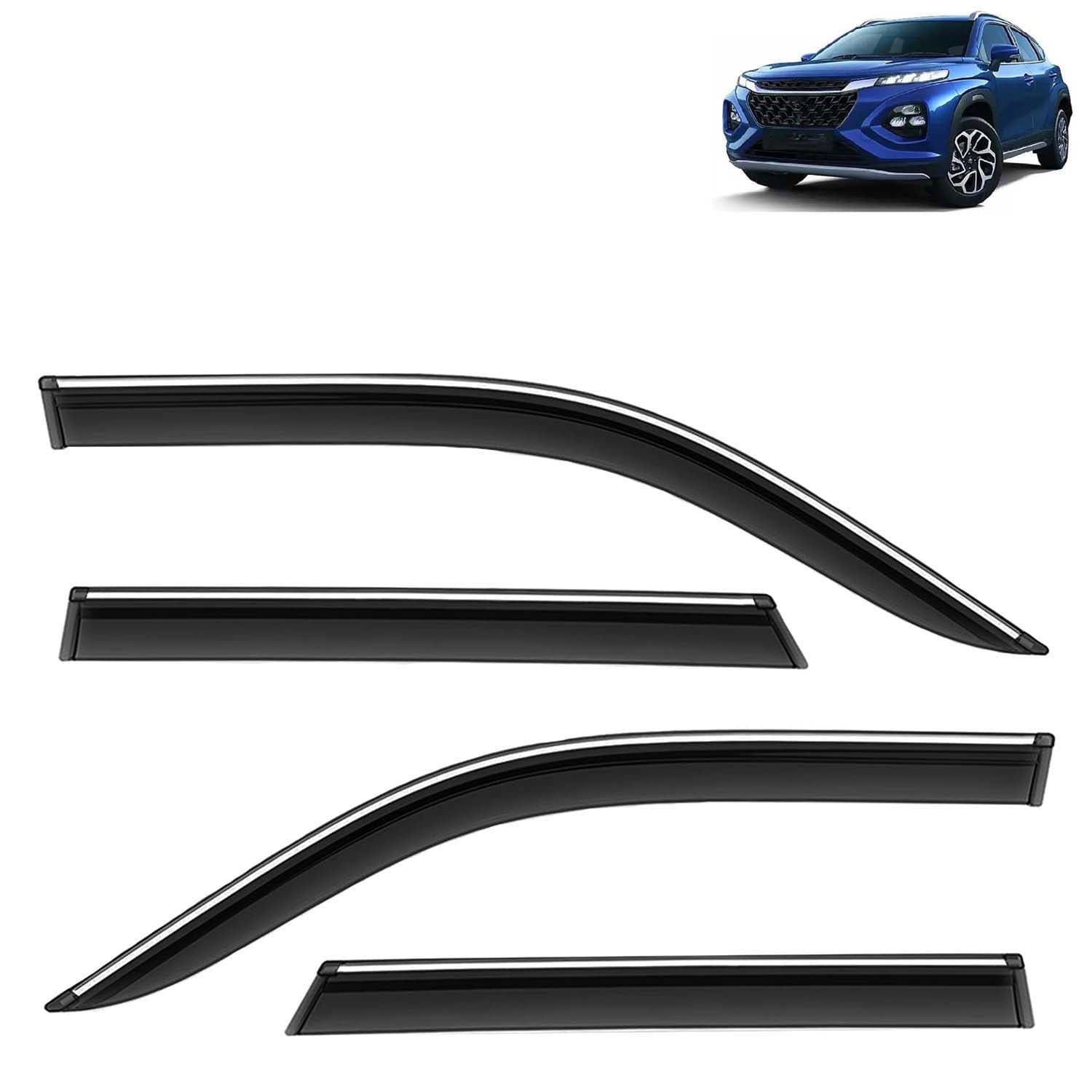 Accessories Chrome Lining Door Visor Only Compatible with Maruti Suzuki Fronx (Year 2023 Onwards) All Model, Premium Chromeline Unbreakable Car Rain Guard Side Rear Wind Deflectors, Pack of 4