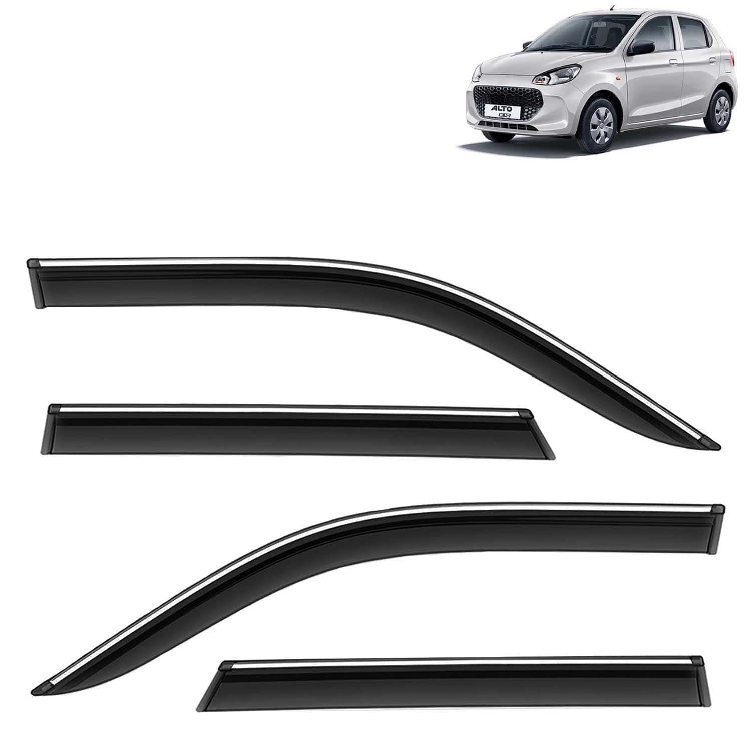 Accessories Chrome Lining Door Visor Only Compatible with Maruti Suzuki Alto K10 (Year 2022 to 2023), Premium Chromeline Unbreakable Car Rain Guard Side Rear Wind Deflectors, Pack of 4