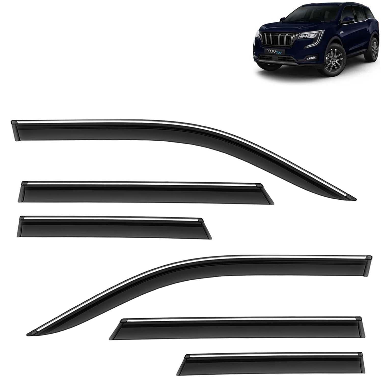 Accessories Chrome Lining Door Visor Only Compatible with Mahindra XUV 700 (Year 2021 Onwards) All Model, Premium Chromeline Unbreakable Car Rain Guard Side Rear Wind Deflectors, Set of 6 Pcs