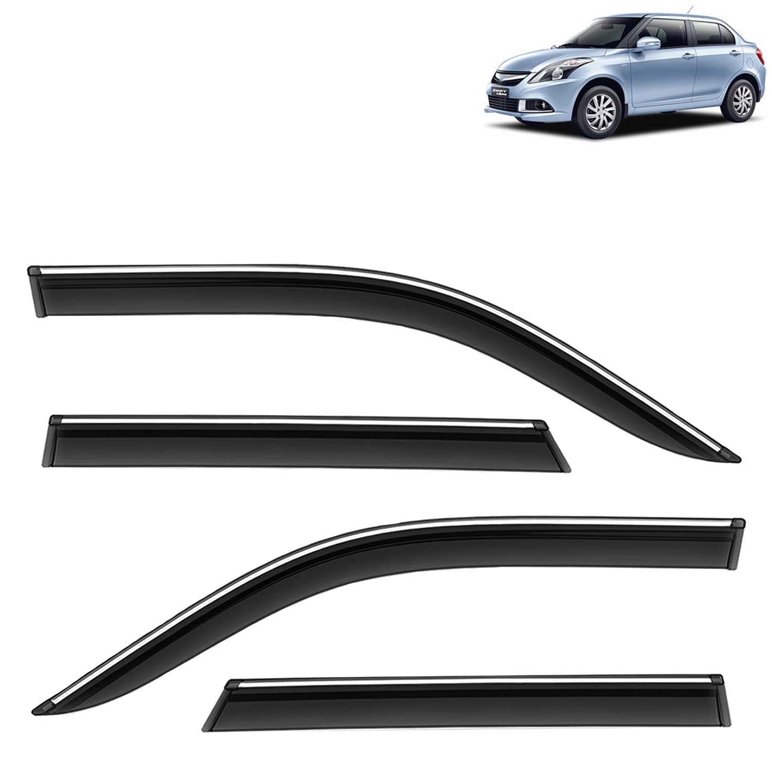 Accessories Chrome Lining Door Visor Only Compatible with Maruti Suzuki Swift Dzire (Year 2012 to 2017), Premium Chromeline Unbreakable Car Rain Guard Side Rear Wind Deflectors, Pack of 4