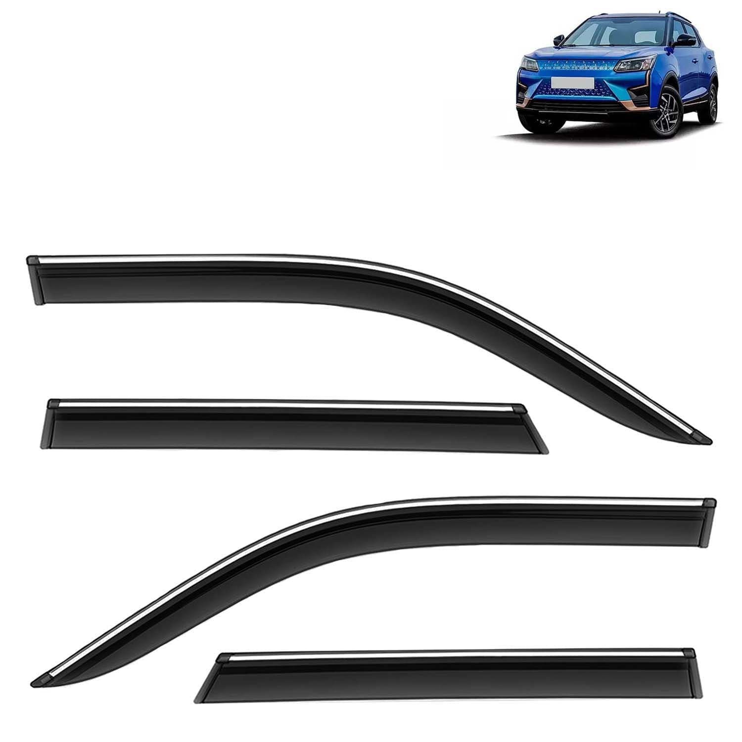 Accessories Chrome Lining Door Visor Only Compatible with Mahindra XUV 400 (Year 2023 Onwards) All Model, Premium Chromeline Unbreakable Car Rain Guard Side Rear Wind Deflectors, Set of 4 Pcs