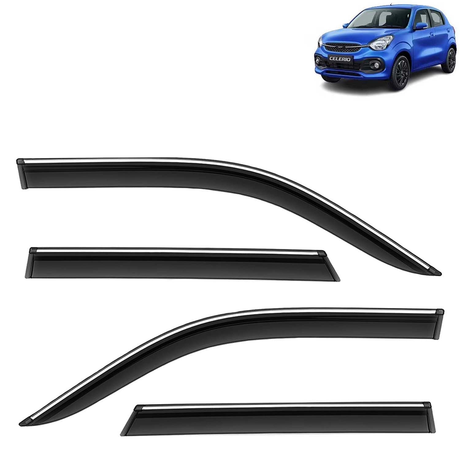 Accessories Chrome Lining Door Visor Only Compatible with Maruti Suzuki Celerio (Year 2021 Onwards), Premium Chromeline Unbreakable Car Rain Guard Side Rear Wind Deflectors, Pack of 4