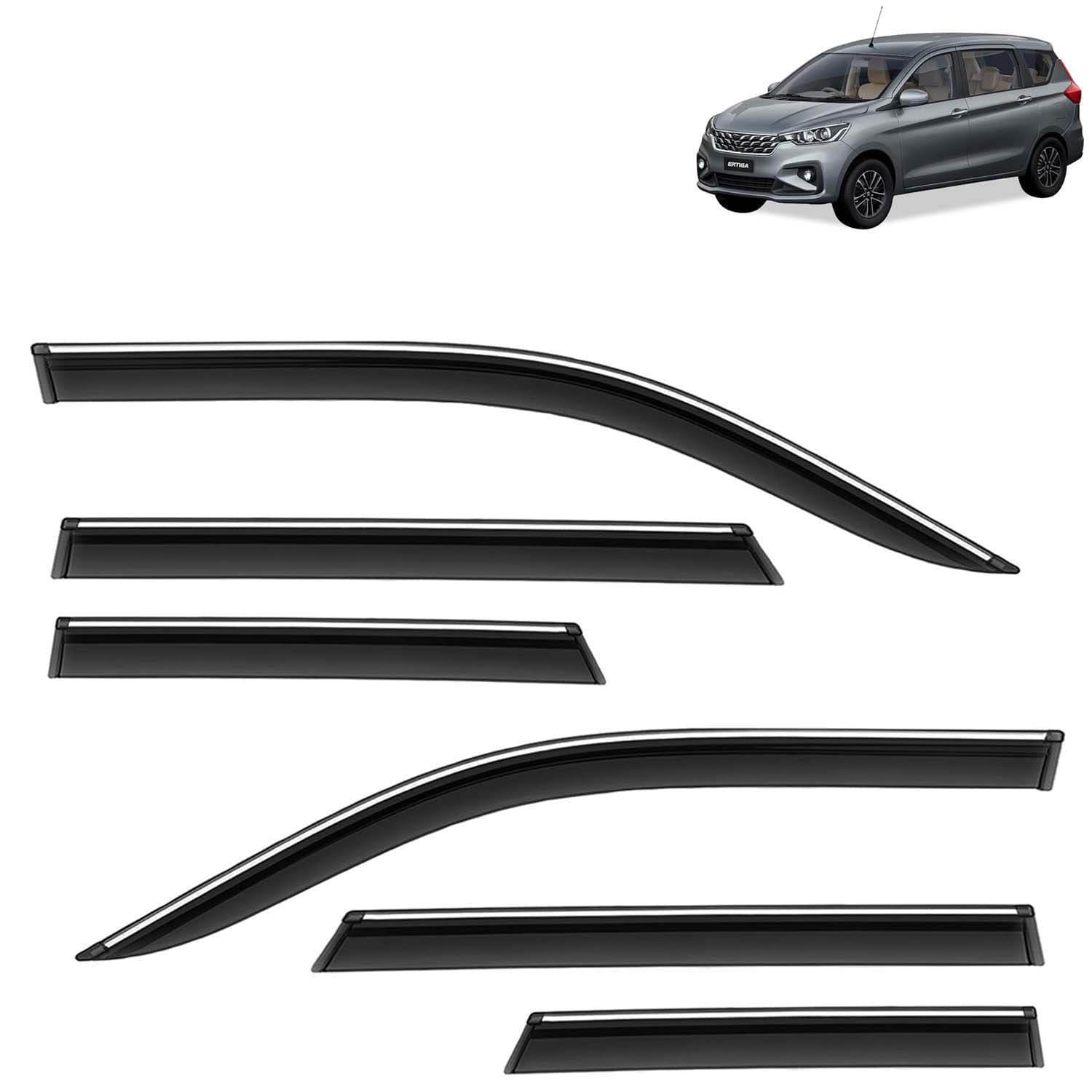 Accessories Chrome Lining Door Visor Only Compatible with Maruti Suzuki Ertiga (Year 2025 Onwards), Premium Chromeline Unbreakable Car Rain Guard Side Rear Wind Deflectors, Pack of 6