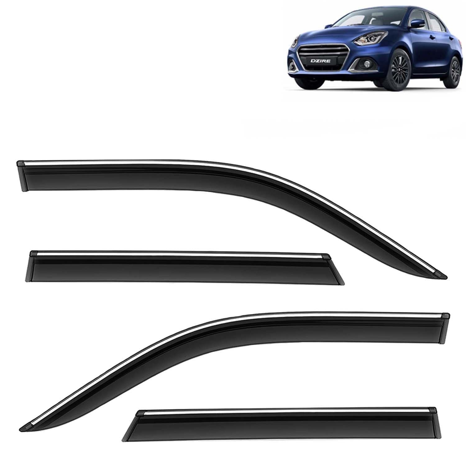 Accessories Chrome Lining Door Visor Only Compatible with Maruti Suzuki Swift Dzire (Year 2020 to 2024), Premium Chromeline Unbreakable Car Rain Guard Side Rear Wind Deflectors, Pack of 4