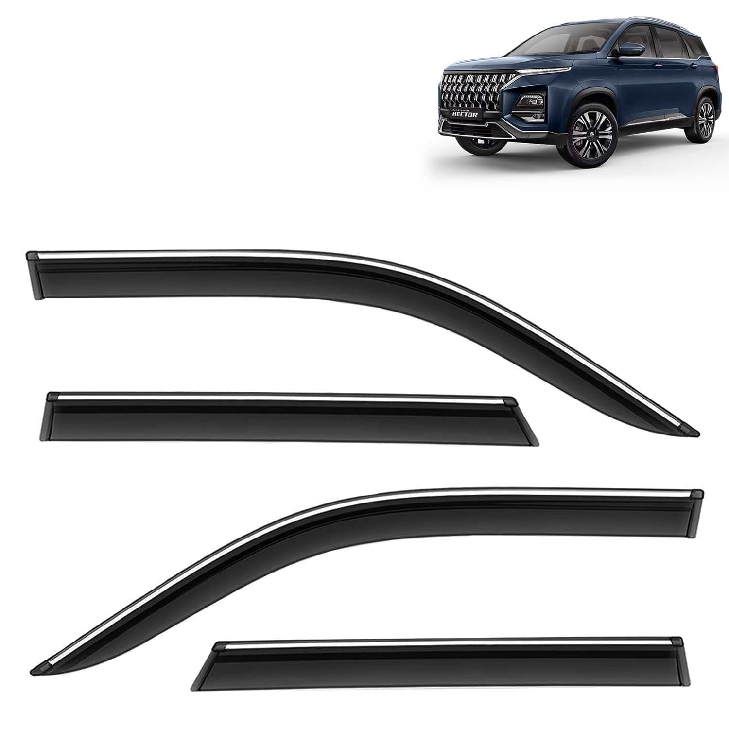 Accessories Chrome Lining Door Visor Only Compatible with MG Hector Plus (Year 2026 Onwards), Premium Chromeline Unbreakable Car Rain Guard Side Rear Wind Deflectors, Pack of 4
