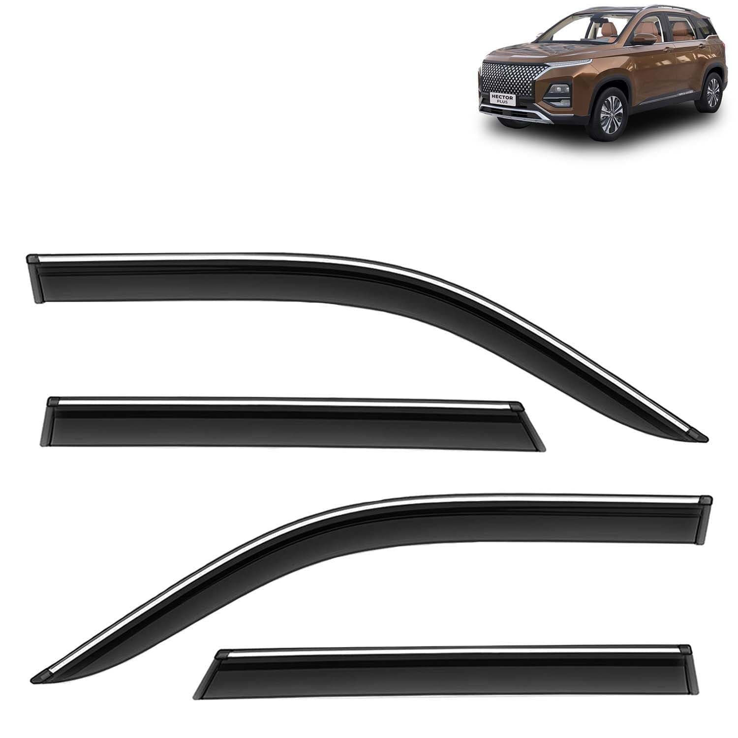 Accessories Chrome Lining Door Visor Only Compatible with MG Hector Plus (Year 2022 to 2025), Premium Chromeline Unbreakable Car Rain Guard Side Rear Wind Deflectors, Pack of 4
