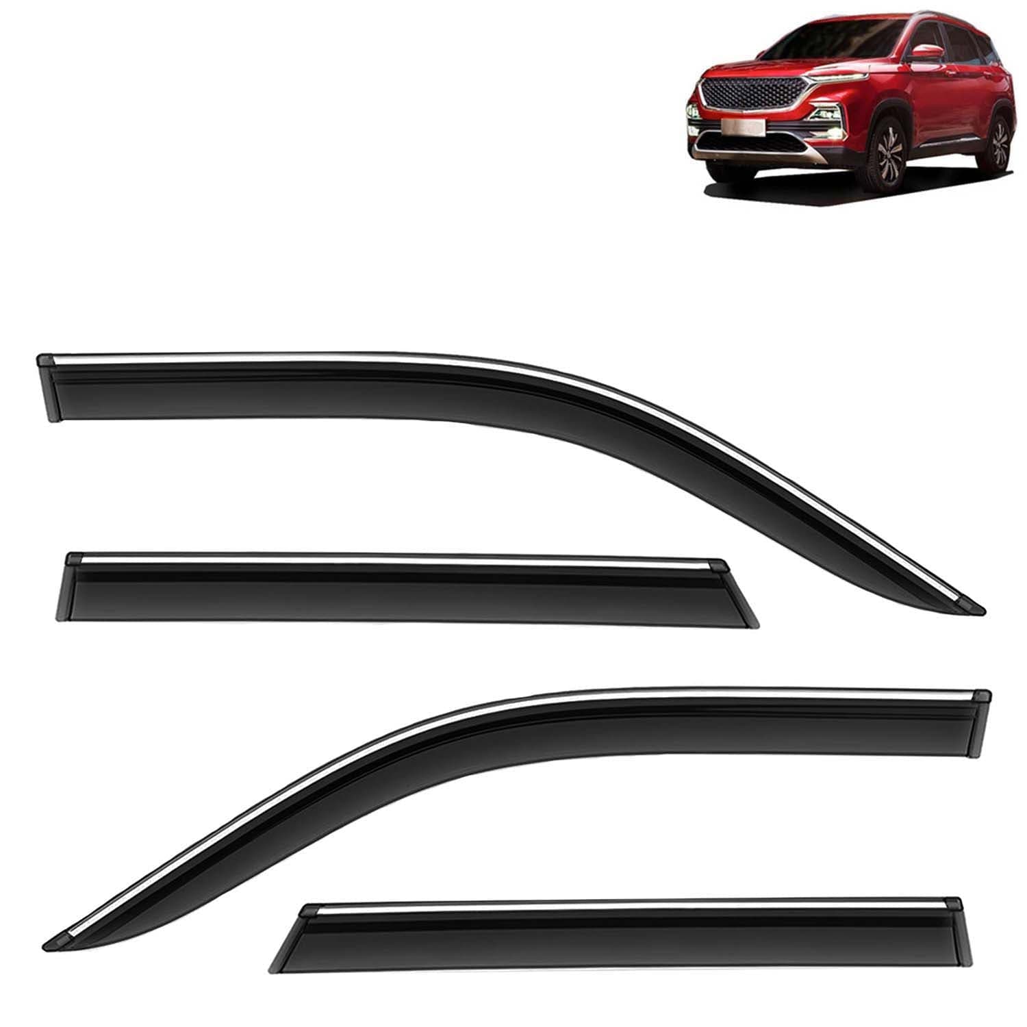 Accessories Chrome Lining Door Visor Only Compatible with MG Hector (Year 2019 to 2022), Premium Chromeline Unbreakable Car Rain Guard Side Rear Wind Deflectors, Pack of 4