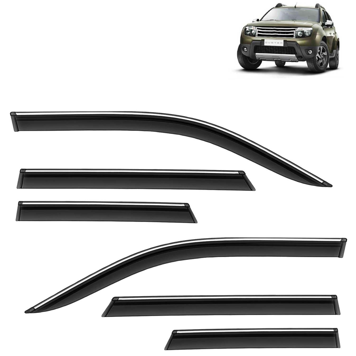 Accessories Chrome Lining Door Visor Only Compatible with Renault Duster (Year 2012 to 2014) All Model, Premium Chromeline Unbreakable Car Rain Guard Side Rear Wind Deflectors, Set of 6 Pcs
