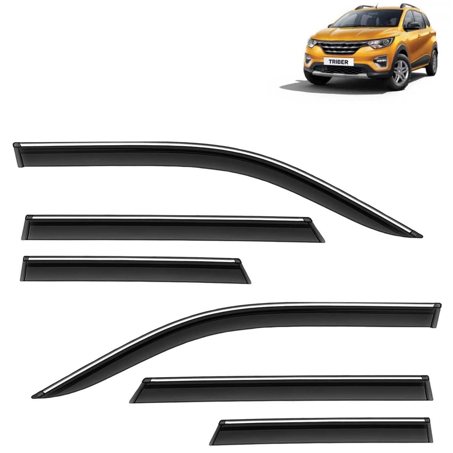 Accessories Chrome Lining Door Visor Only Compatible with Renault Triber (Year 2019 to 2025) All Model, Premium Chromeline Unbreakable Car Rain Guard Side Rear Wind Deflectors, Set of 6 Pcs