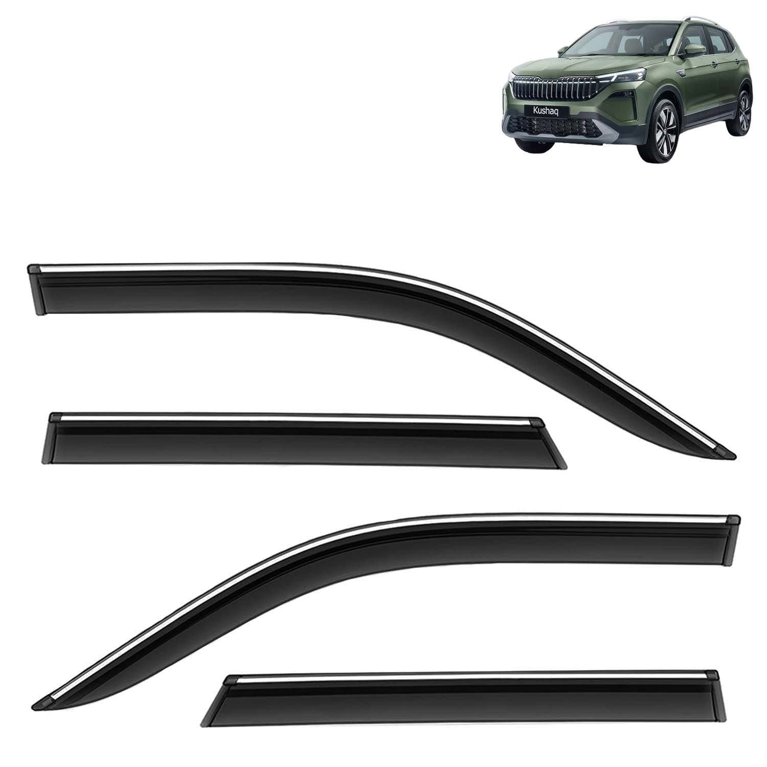 Accessories Chrome Lining Door Visor Only Compatible with Skoda Kushaq (Year 2026 Onwards) All Model, Premium Chromeline Unbreakable Car Rain Guard Side Rear Wind Deflectors, Set of 4 Pcs