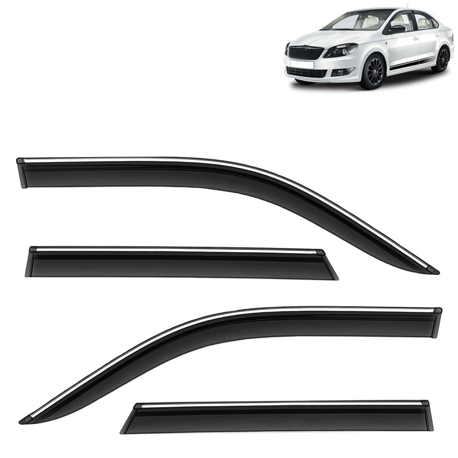 Accessories Chrome Lining Door Visor Only Compatible with Skoda Rapid (Year 2017 to 2021) All Model, Premium Chromeline Unbreakable Car Rain Guard Side Rear Wind Deflectors, Set of 4 Pcs