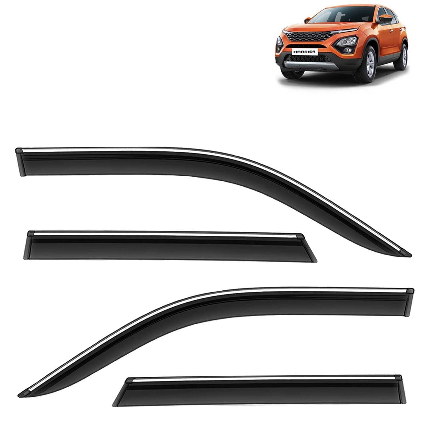 Accessories Chrome Lining Door Visor Only Compatible with Tata Harrier (Year 2019 to 2023) All Model, Premium Chromeline Unbreakable Car Rain Guard Side Rear Wind Deflectors, Set of 4 Pcs