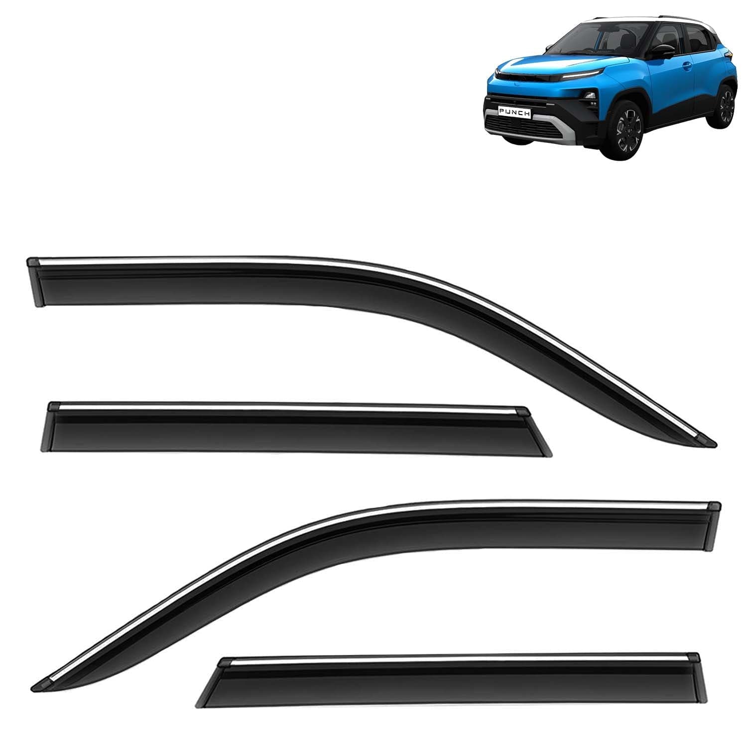 Accessories Chrome Lining Door Visor Only Compatible with Tata Punch (Year 2026 Onwards) All Model, Premium Chromeline Unbreakable Car Rain Guard Side Rear Wind Deflectors, Set of 4 Pcs