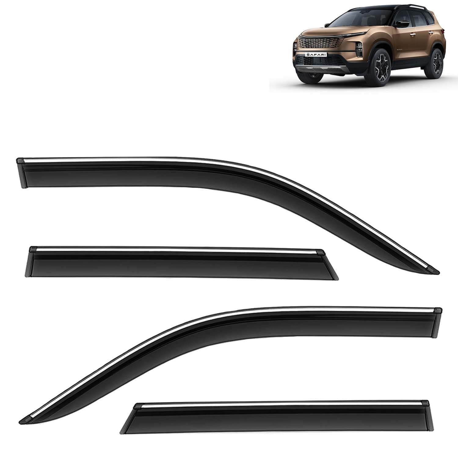 Accessories Chrome Lining Door Visor Only Compatible with Tata Safari (Year 2023 Onwards) All Model, Premium Chromeline Unbreakable Car Rain Guard Side Rear Wind Deflectors, Set of 4 Pcs